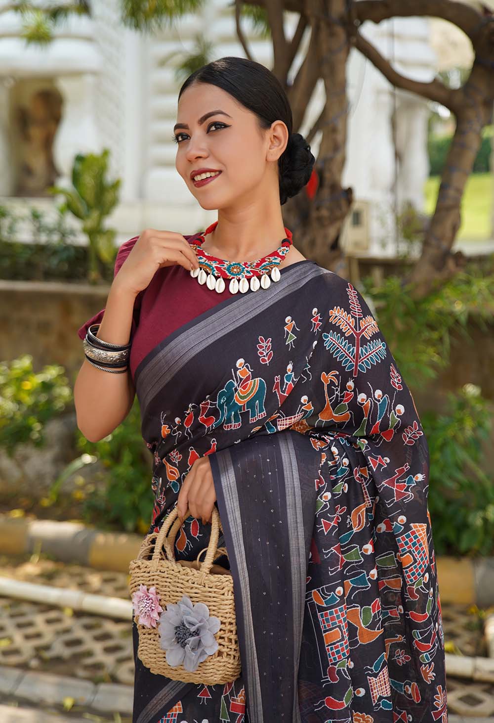 Ready To Wear Saree Tribal Art  Printed  With Tassels On Pallu Wrap in 1 minute saree