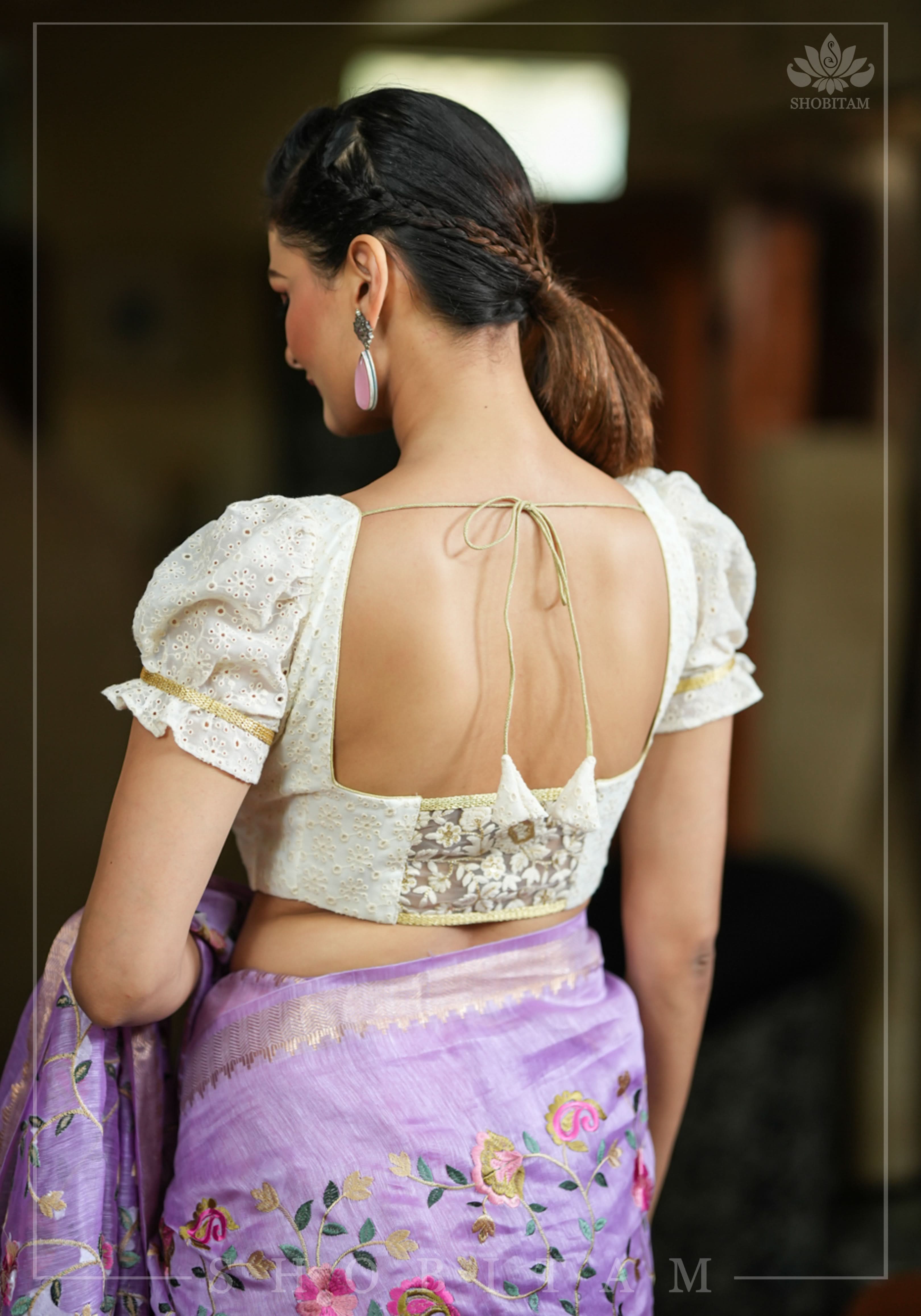 Eyelet Design Georgette Blouse with Puff Sleeves and embroidery detailing back! | Shobitam