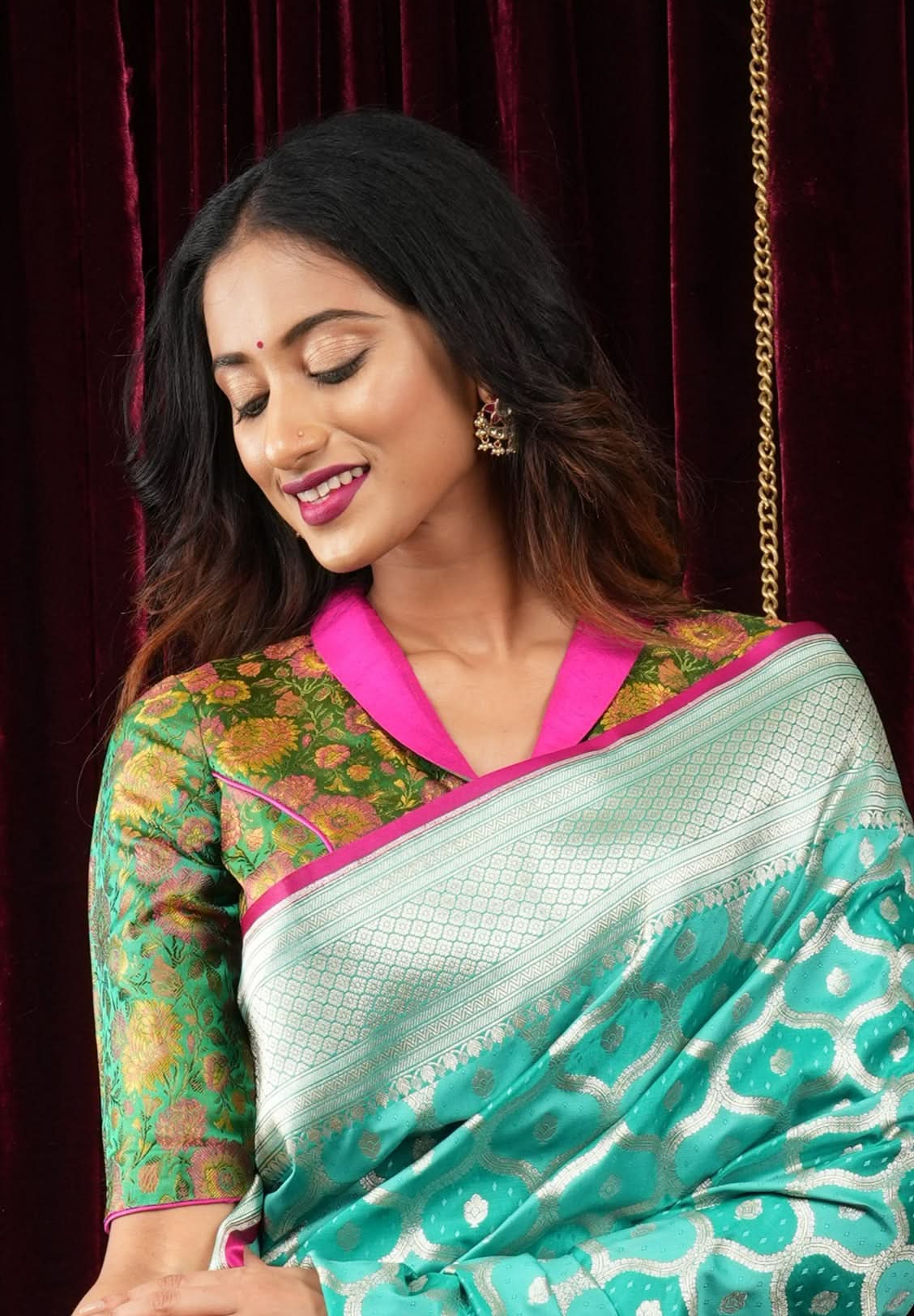 Green Tanchoi with Fuchsia Pure Raw Silk Lapel Collar Blouse for saree | Shobitam