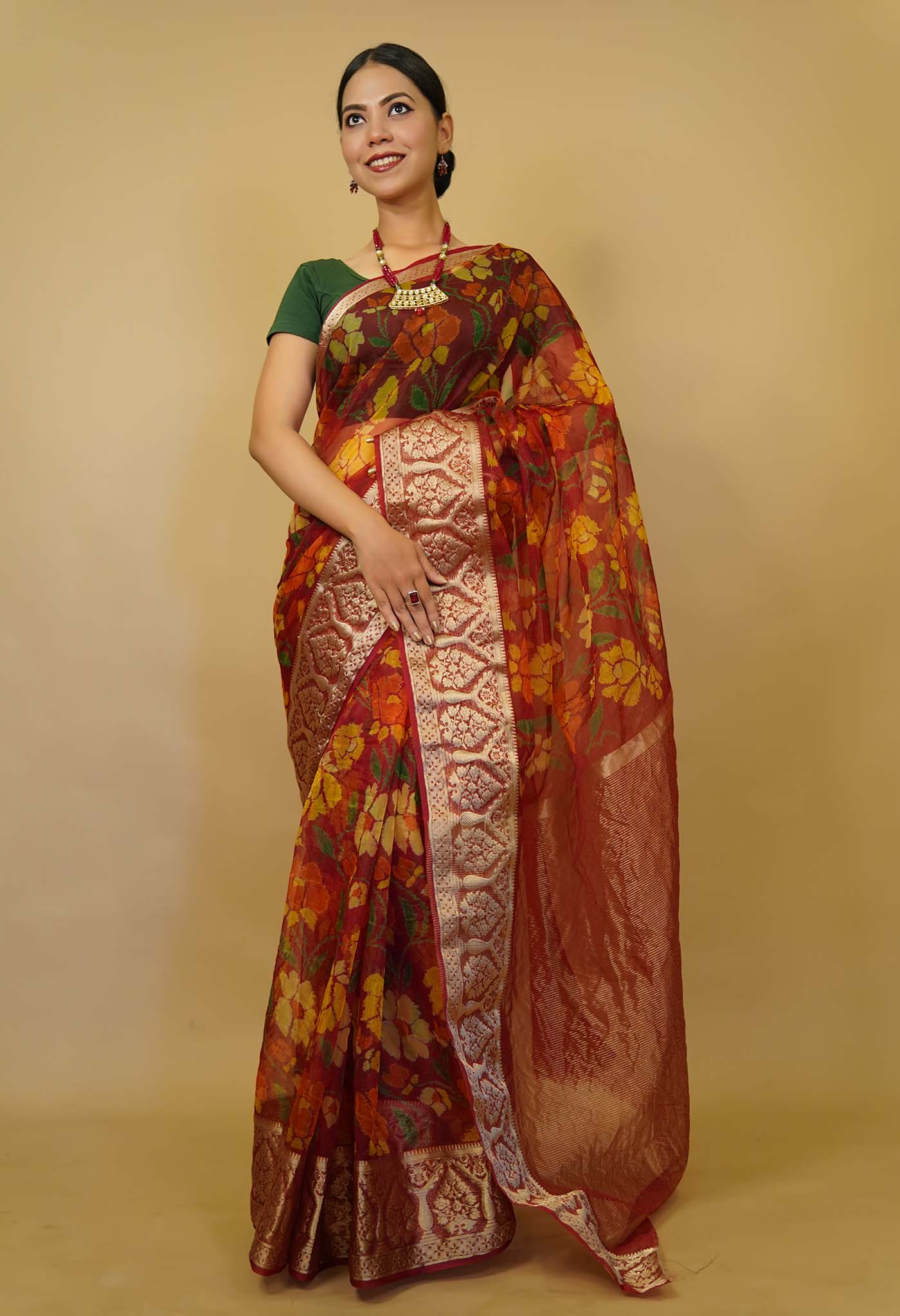 Ready made Beautiful  Red  floral print Organza With  Border  Pallu Wrap in 1 minute saree
