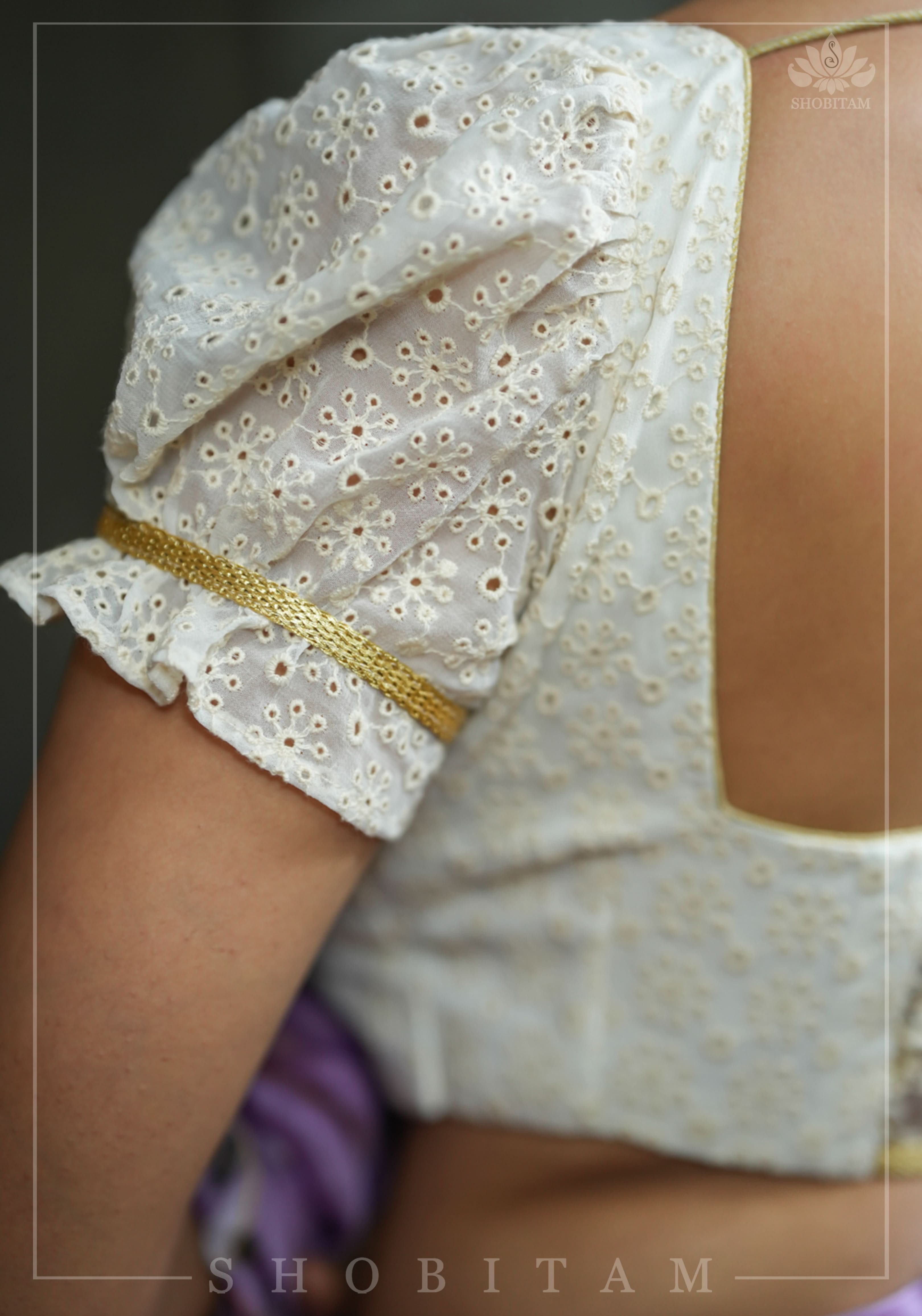 Eyelet Design Georgette Blouse with Puff Sleeves and embroidery detailing back! | Shobitam