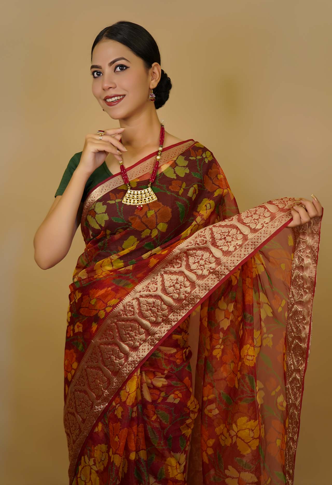 Ready made Beautiful  Red  floral print Organza With  Border  Pallu Wrap in 1 minute saree