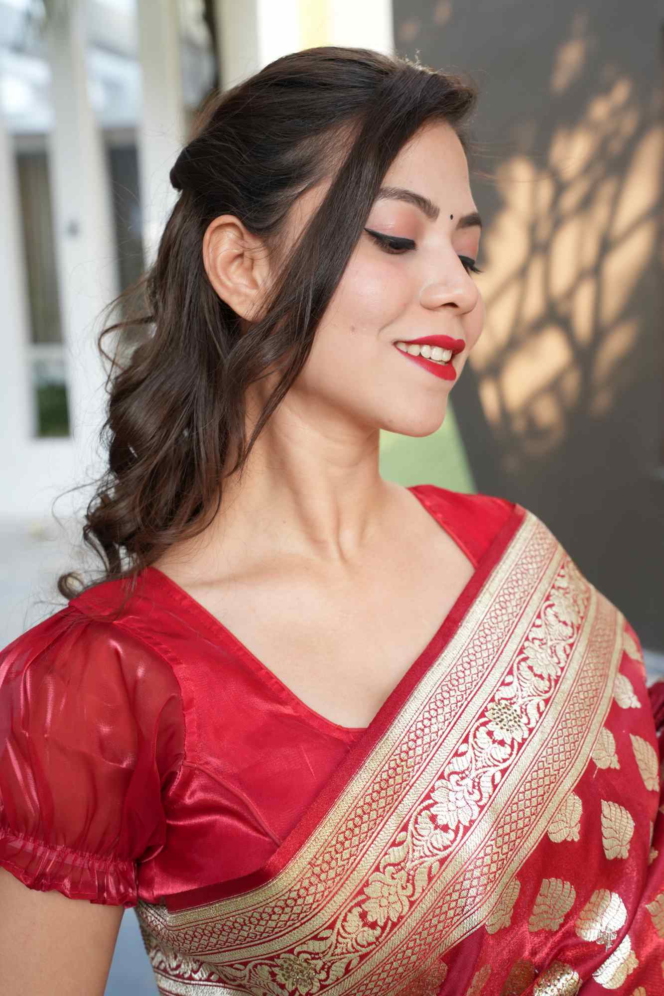 Beautiful Organza Red With princess Cut Piping Finished Puff