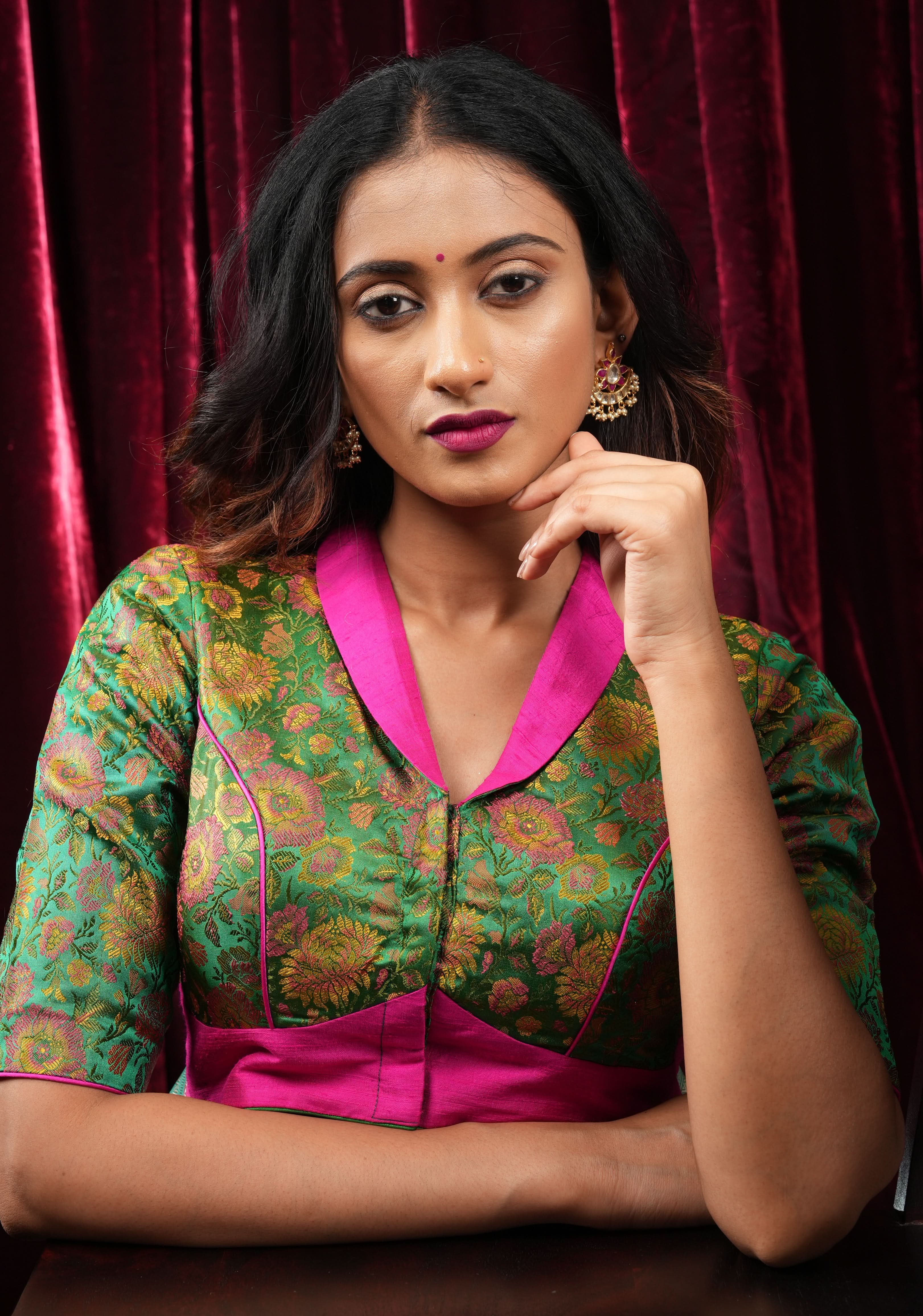 Green Tanchoi with Fuchsia Pure Raw Silk Lapel Collar Blouse for saree | Shobitam