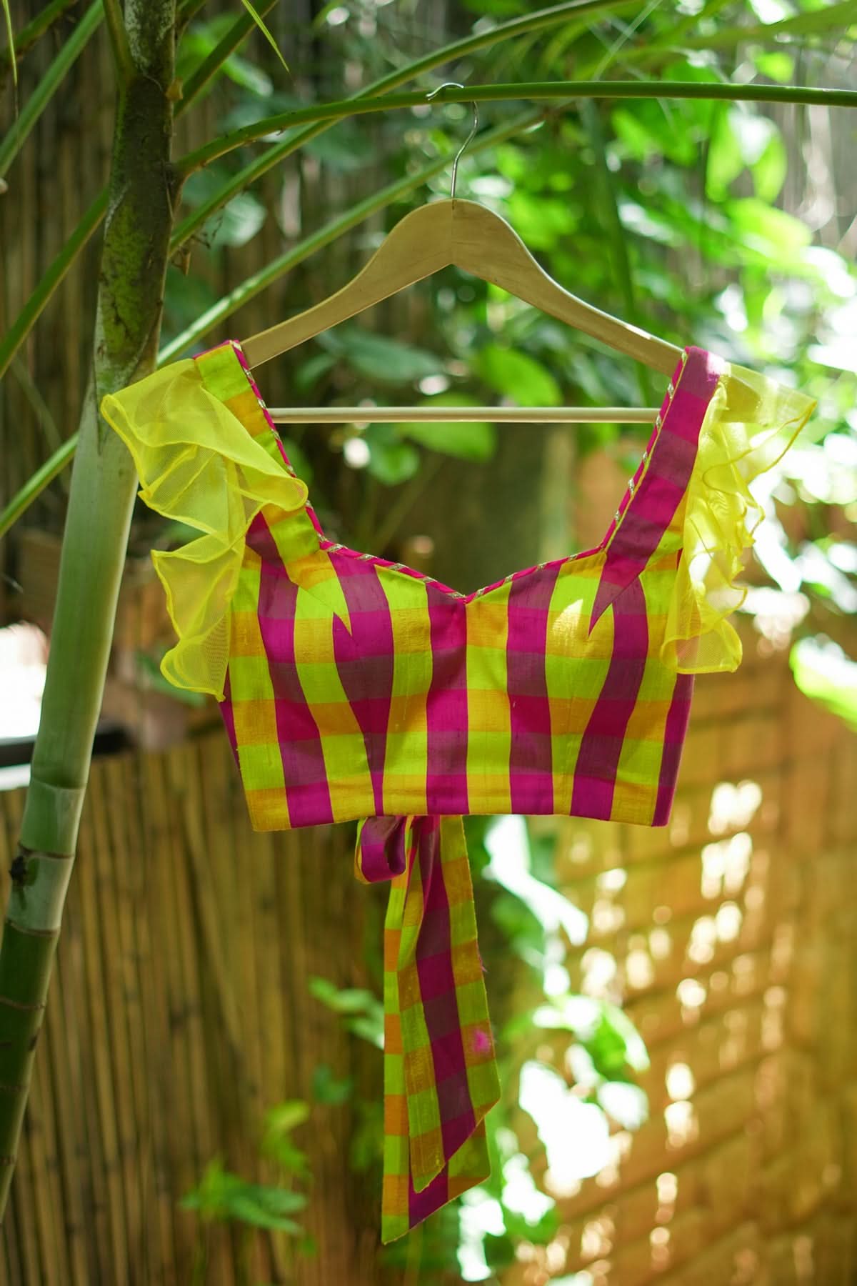 Sunshine Yellow Pink Checked Pure Raw Silk Sweetheart neck blouse | Shobitam