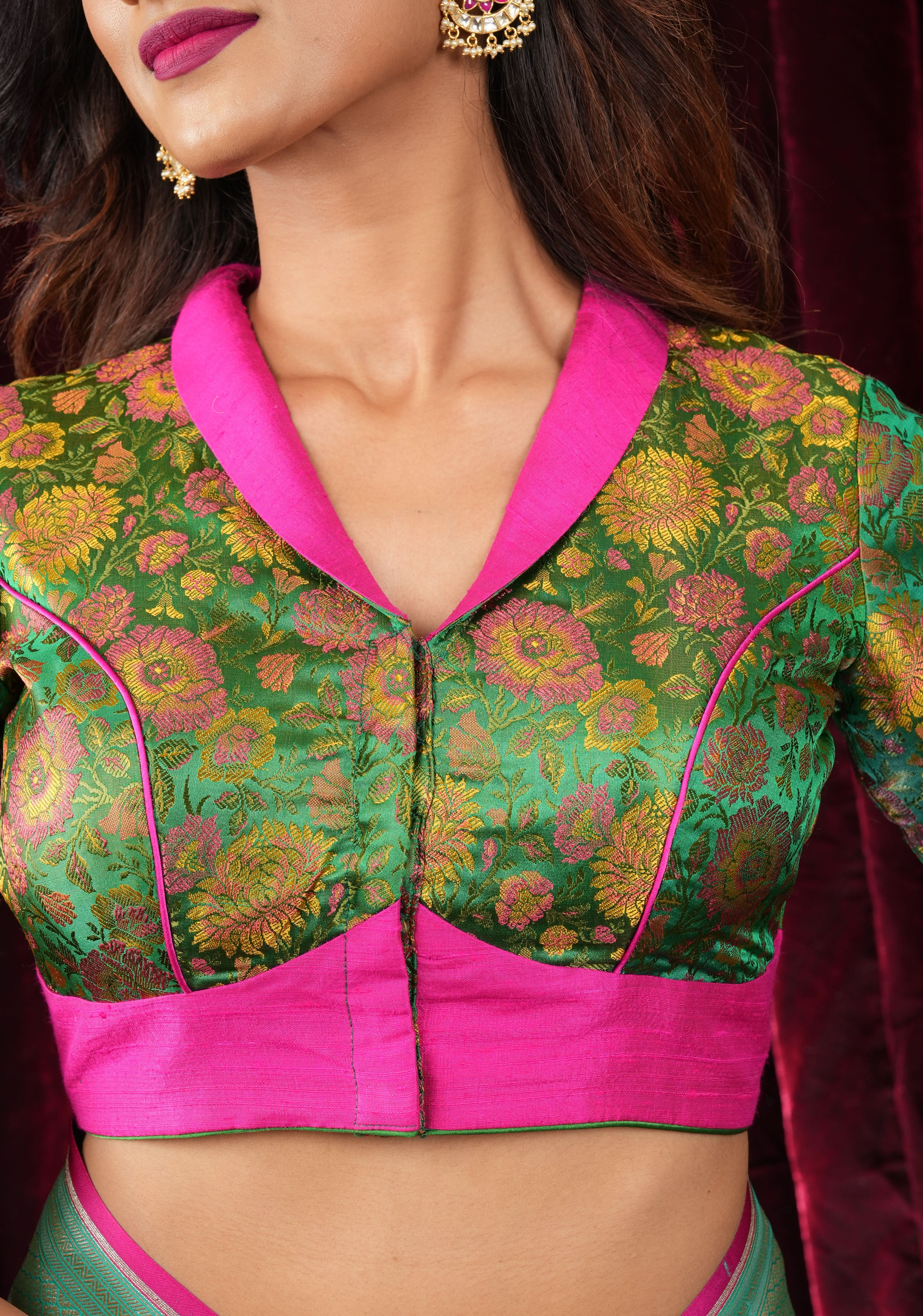 Green Tanchoi with Fuchsia Pure Raw Silk Lapel Collar Blouse for saree | Shobitam