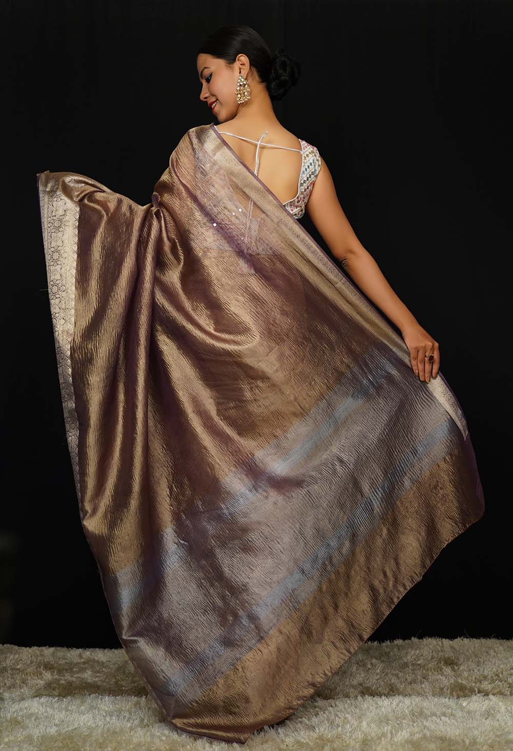 Wine Rusty Classy Crushed Tissue  With  jacquard  border Wrap in 1 minute saree