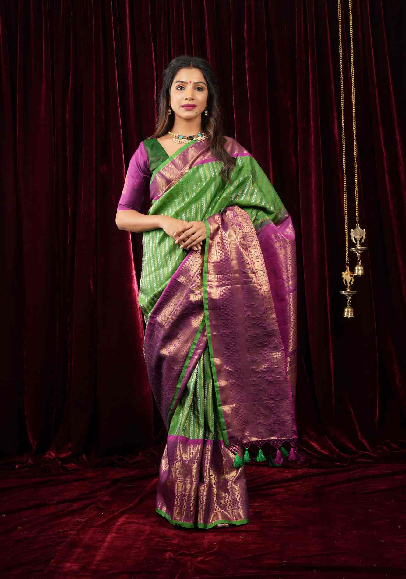 Ready to wear Pure Gadwal Silk Saree in Grass Green with Ornate Zari Stripes in two tone Zari with 12' zari border | SILK MARK CERTIFIED