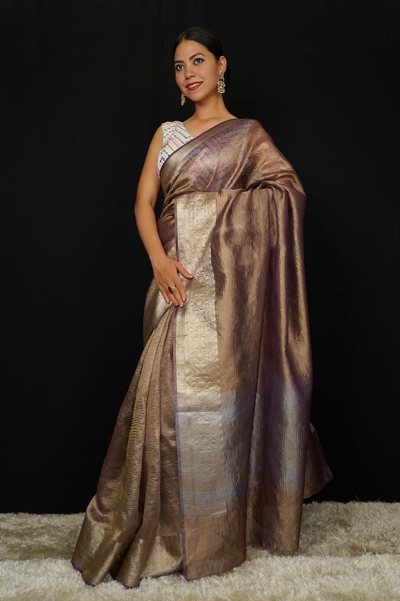 Wine Rusty Classy Crushed Tissue  With  jacquard  border Wrap in 1 minute saree