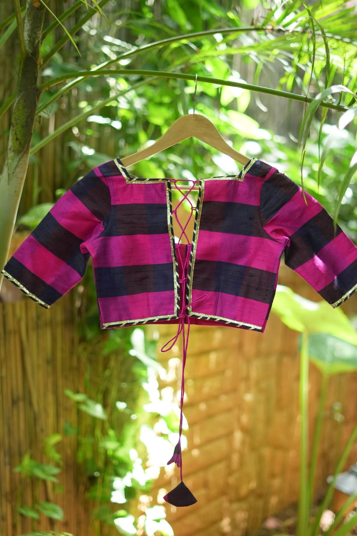 Navy blue, Pink checked Pure rawsilk with crisscross tie | Shobitam