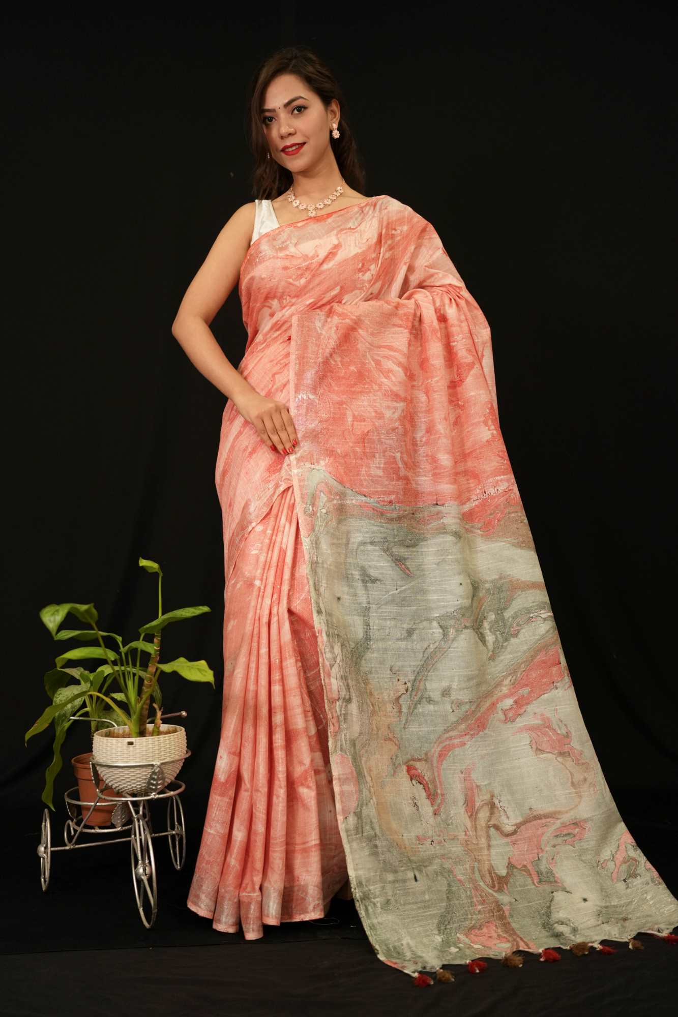 Ready To Wear Beautiful Grey With Marbel Print Overall Pre Drape Saree