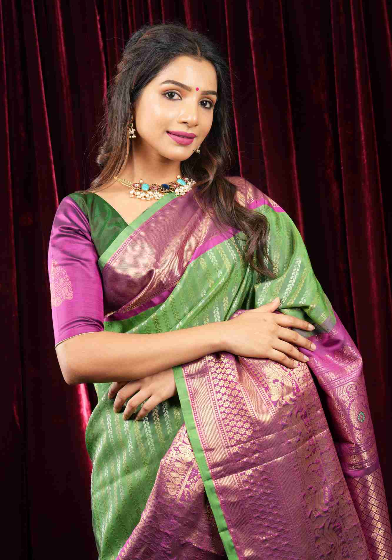 Ready to wear Pure Gadwal Silk Saree in Grass Green with Ornate Zari Stripes in two tone Zari with 12' zari border | SILK MARK CERTIFIED