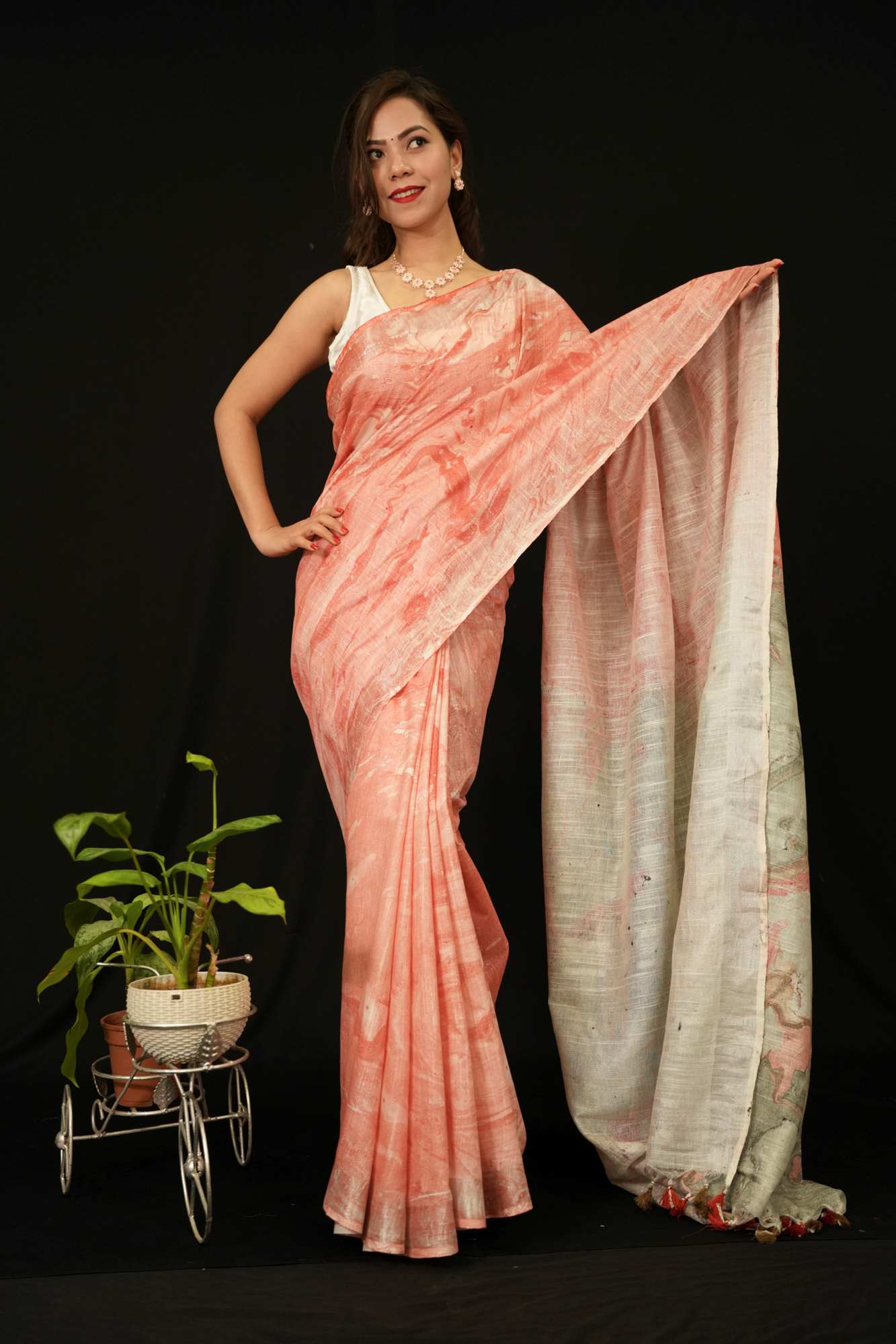 Ready To Wear Beautiful Grey With Marbel Print Overall Pre Drape Saree