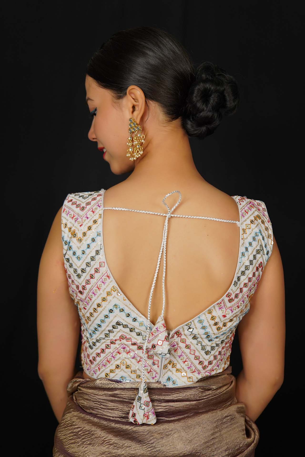Stylish Multicolor Thread Embroidery With sequin & Mirror Embellished  Designer Blouse