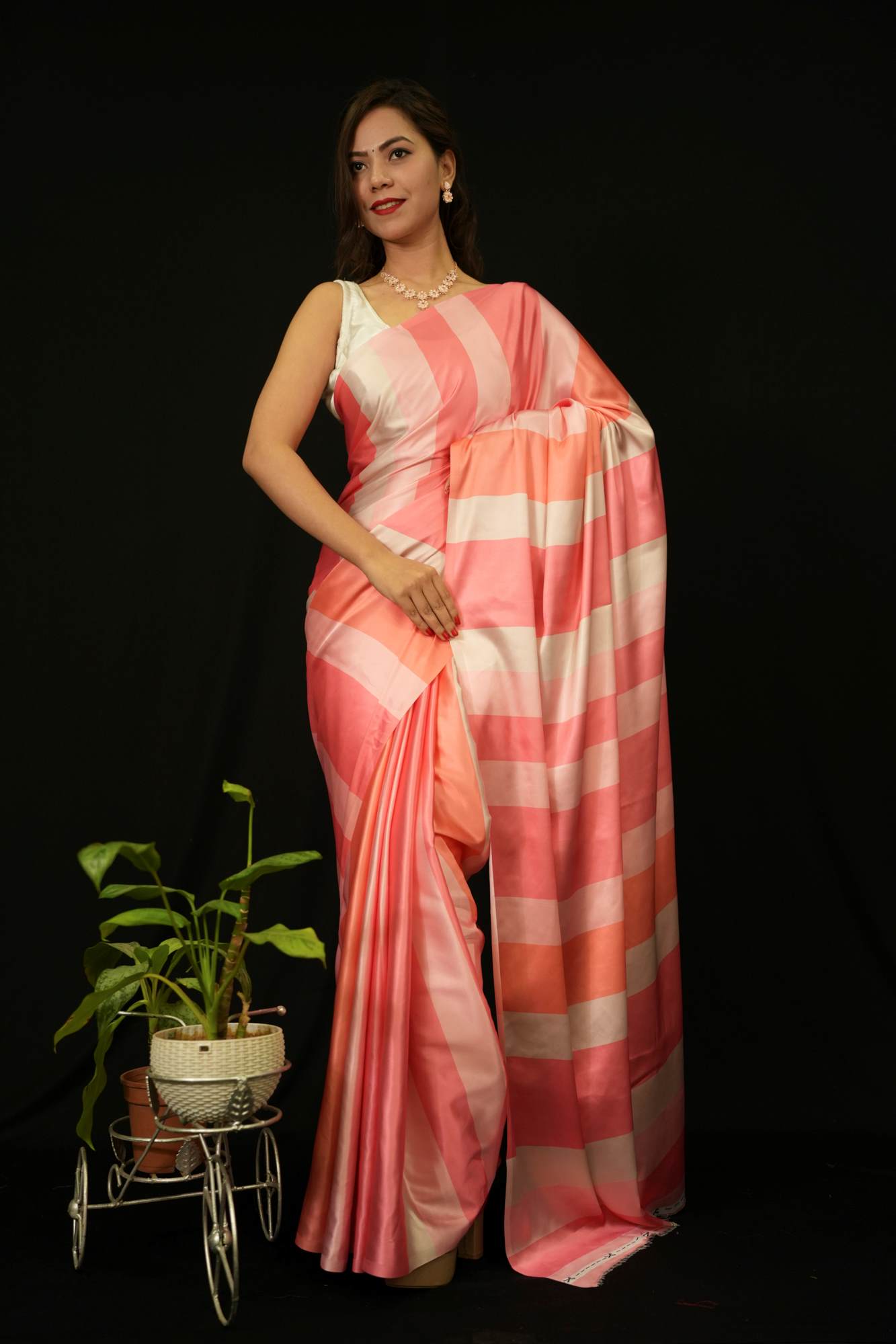 Beautiful Digital Stripes Printed With Premium Japan Satin Silk Pink Wrap In 1 Minute Saree