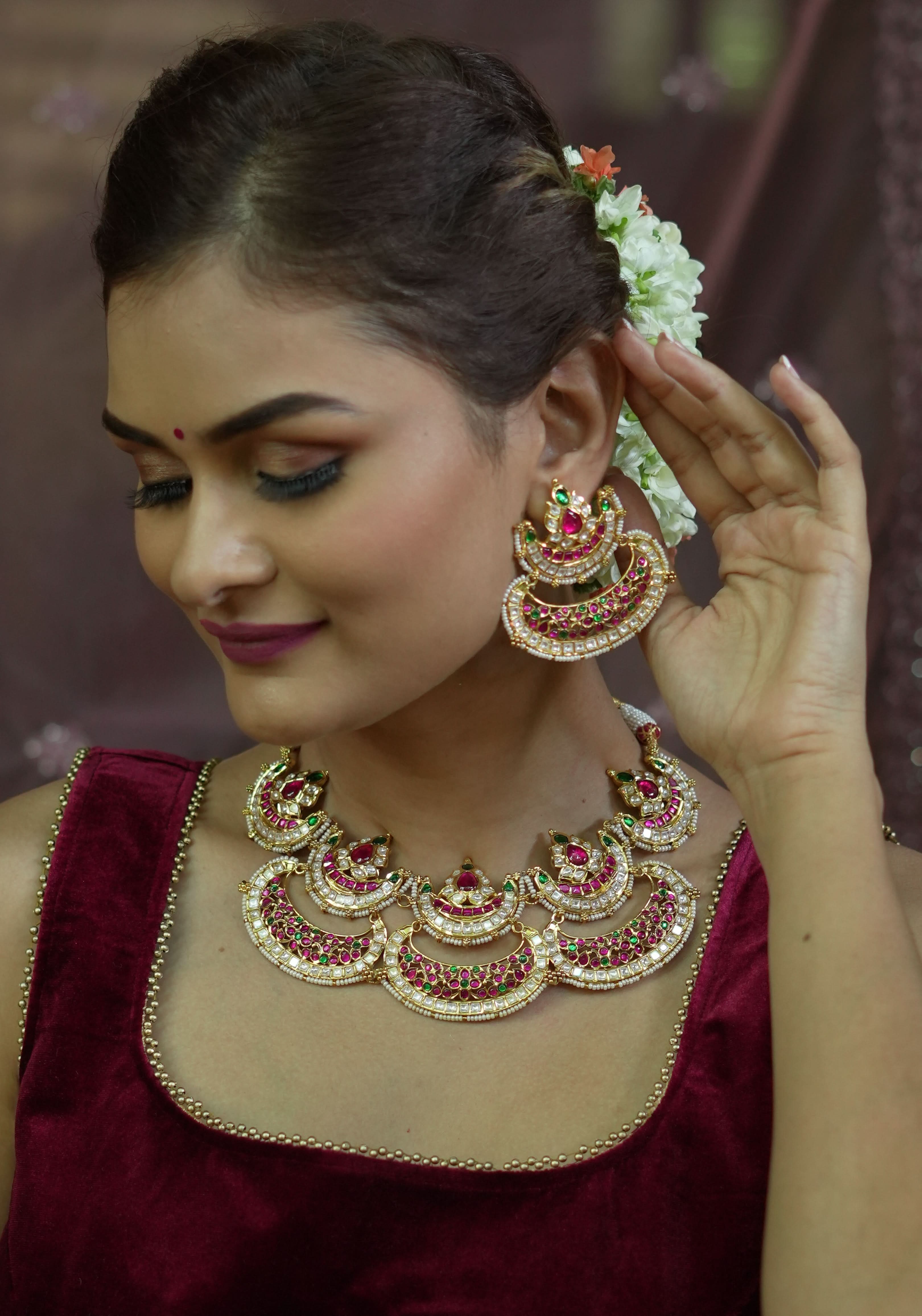 Two layer Statement Jadau Necklace Set with Chand Design Choker and Earrings Set | Shobitam Jewelry