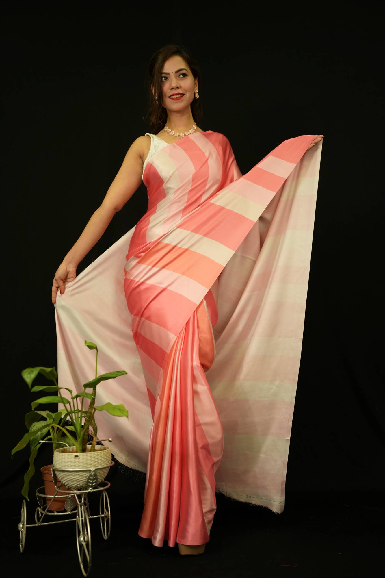 Beautiful Digital Stripes Printed With Premium Japan Satin Silk Pink Wrap In 1 Minute Saree