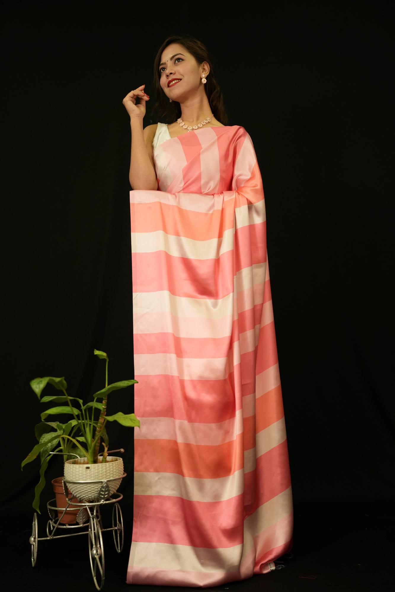 Beautiful Digital Stripes Printed With Premium Japan Satin Silk Pink Wrap In 1 Minute Saree