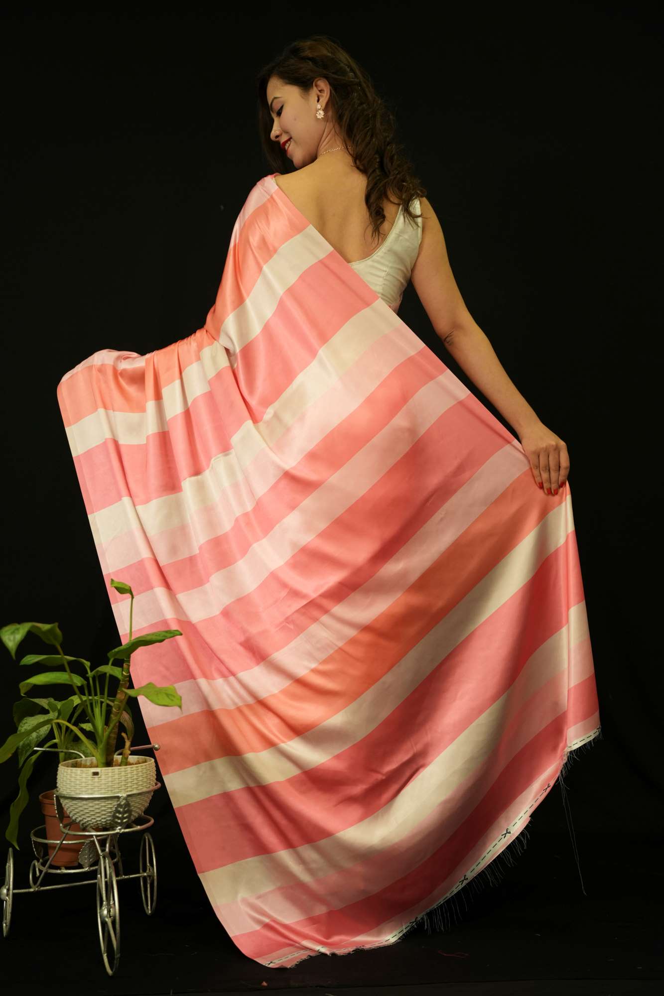 Beautiful Digital Stripes Printed With Premium Japan Satin Silk Pink Wrap In 1 Minute Saree