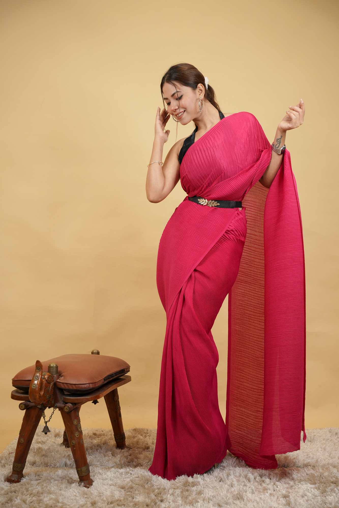 crinkle pleated semi silk Ready  To Wear Saree