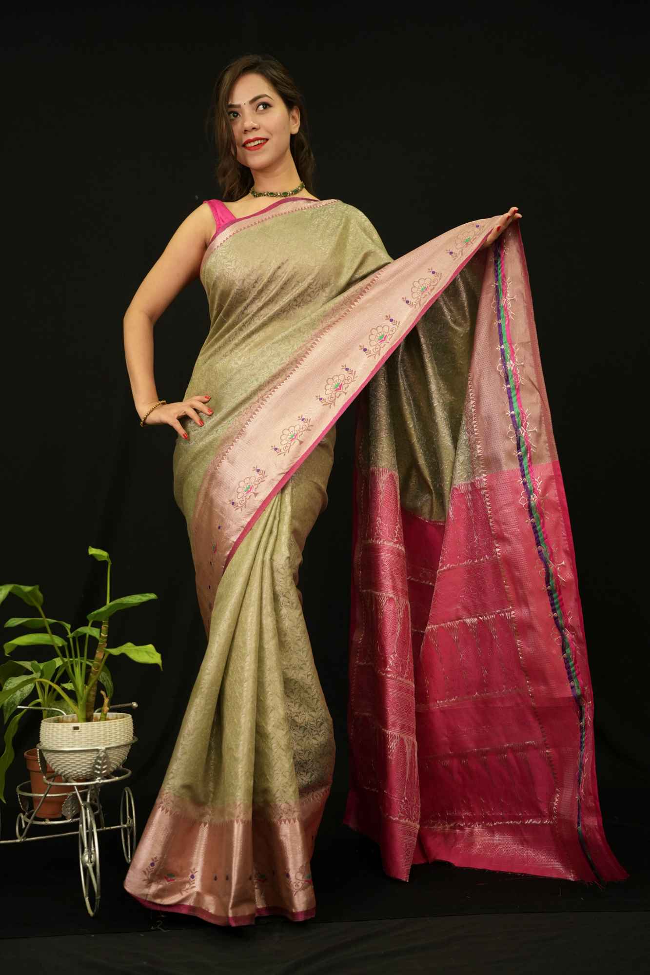 Grey With Pink Contrast Overall Brocade Jaal weave With Ornate Palla Ready To Wear Saree