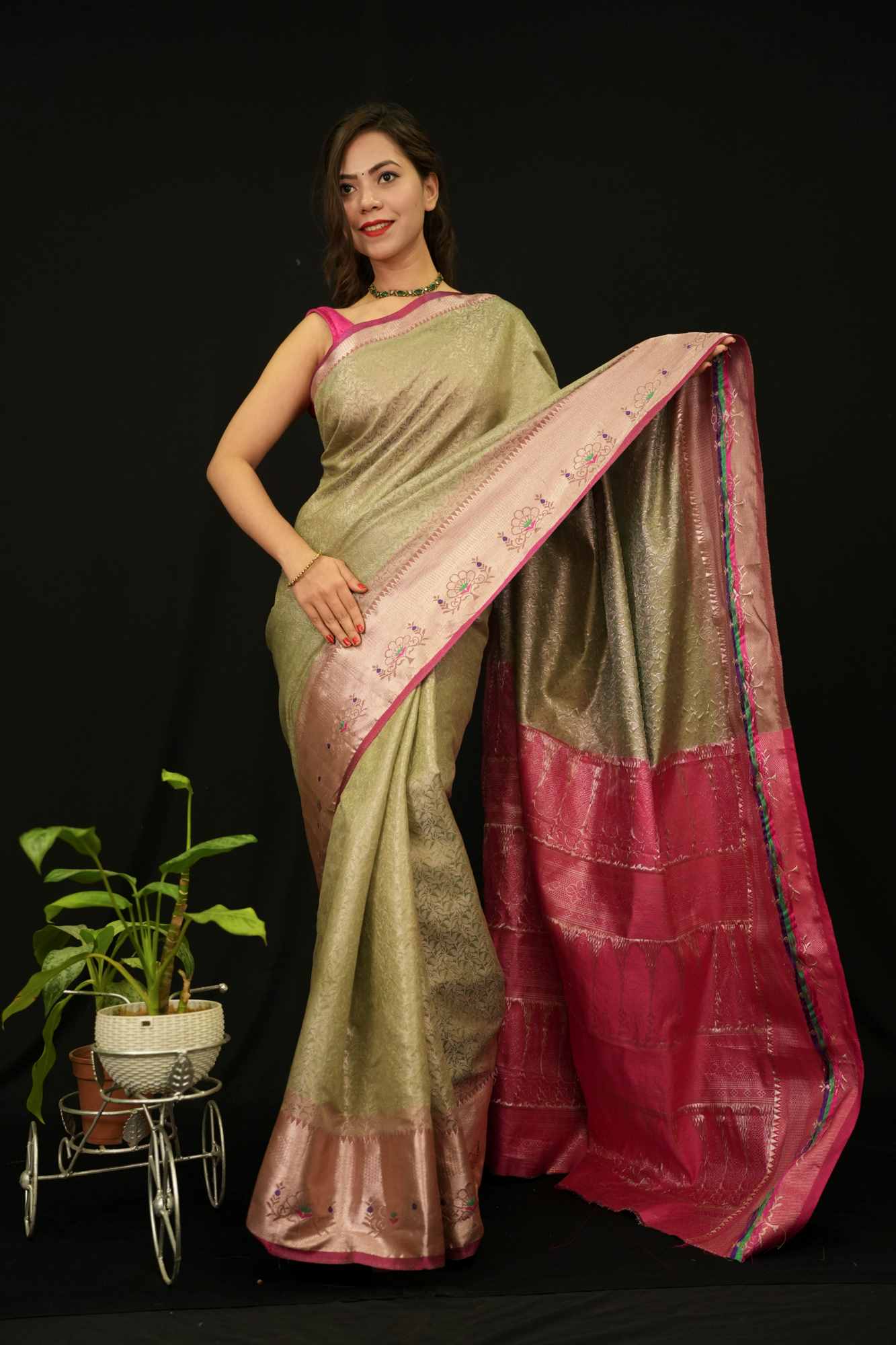 Grey With Pink Contrast Overall Brocade Jaal weave With Ornate Palla Ready To Wear Saree