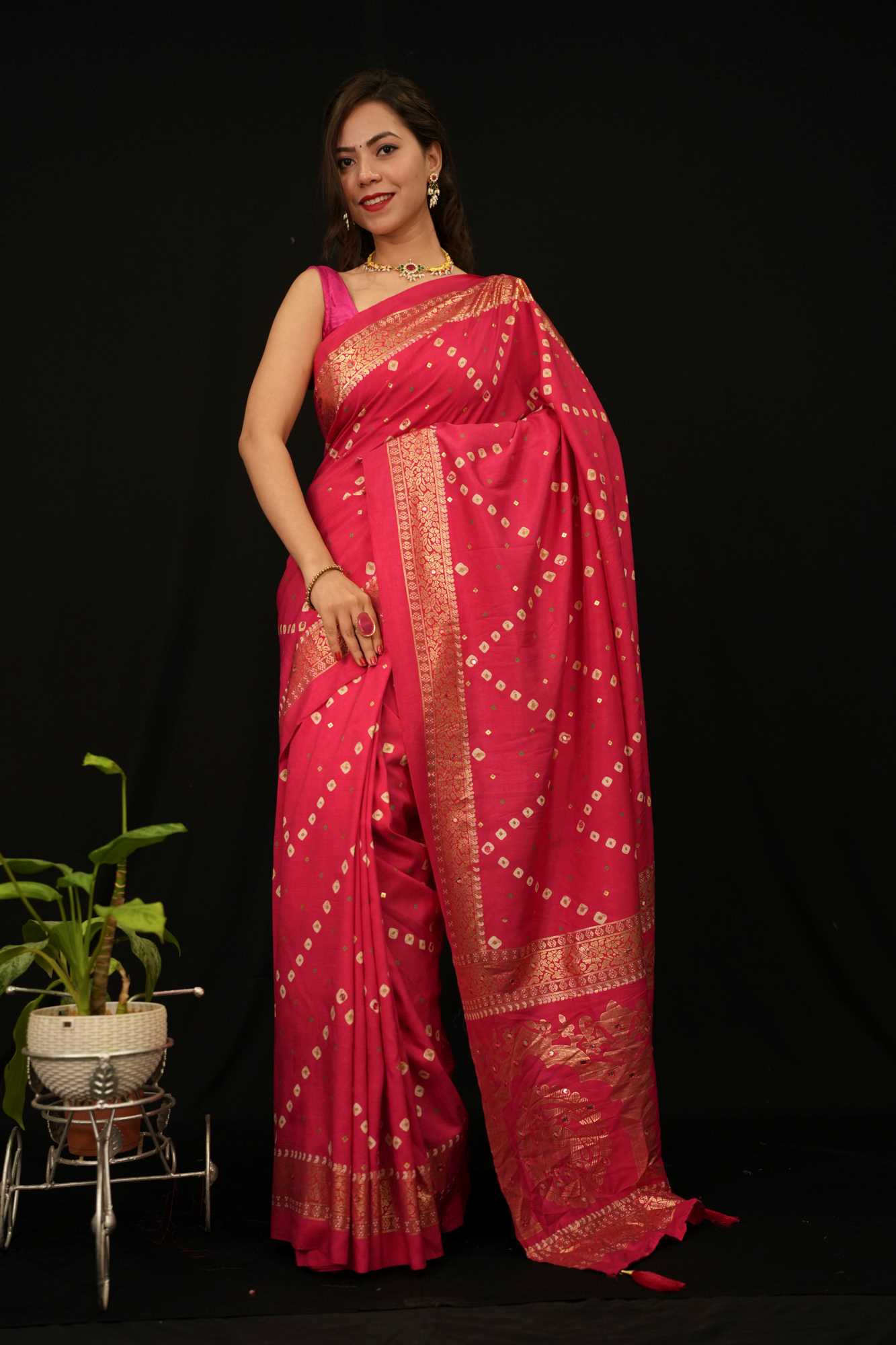 Bandhani With  Printed Border & Mirror Embellished readymade stitched saree with tassels