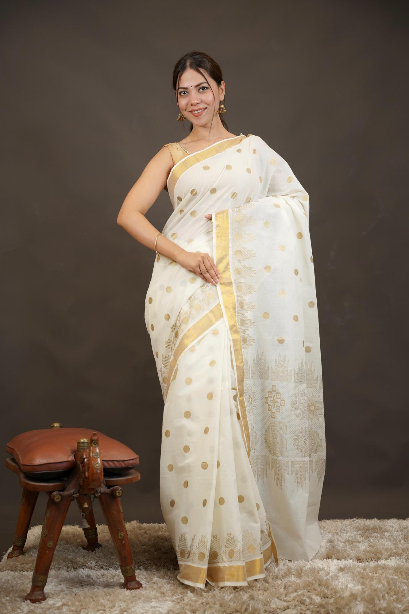 Traditional Kerala Kasavu With Golden Border Ready To Wear Saree