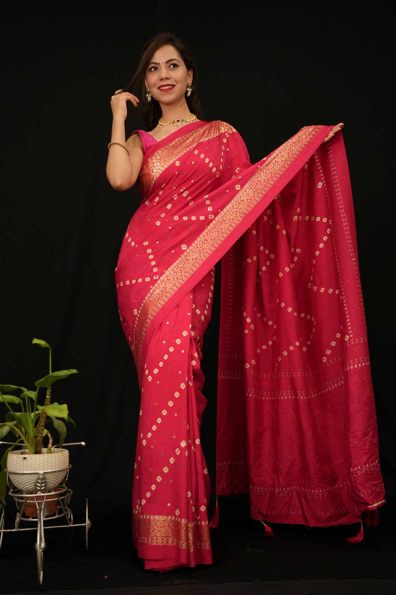 Bandhani With  Printed Border & Mirror Embellished readymade stitched saree with tassels