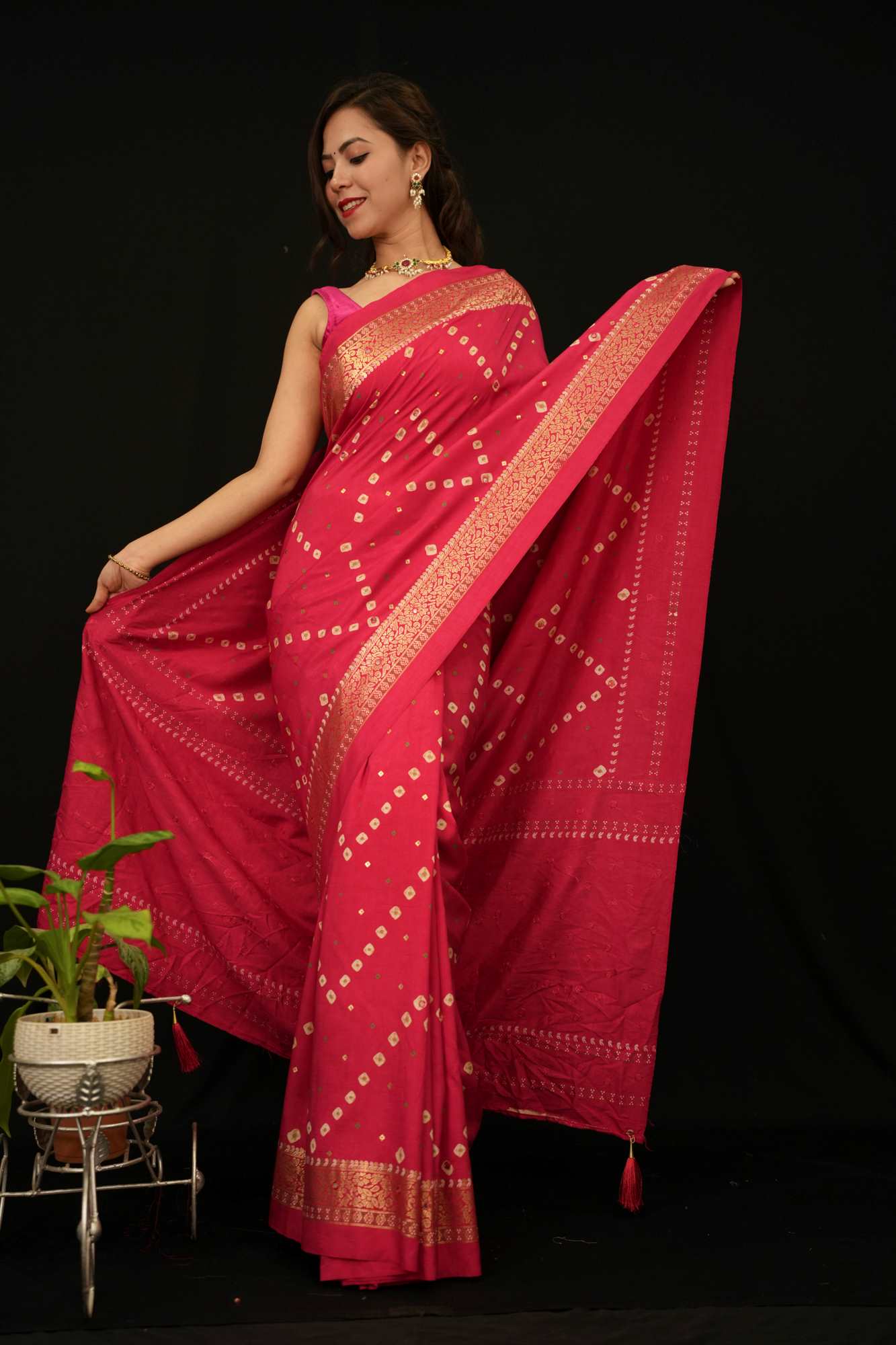 Bandhani With  Printed Border & Mirror Embellished readymade stitched saree with tassels