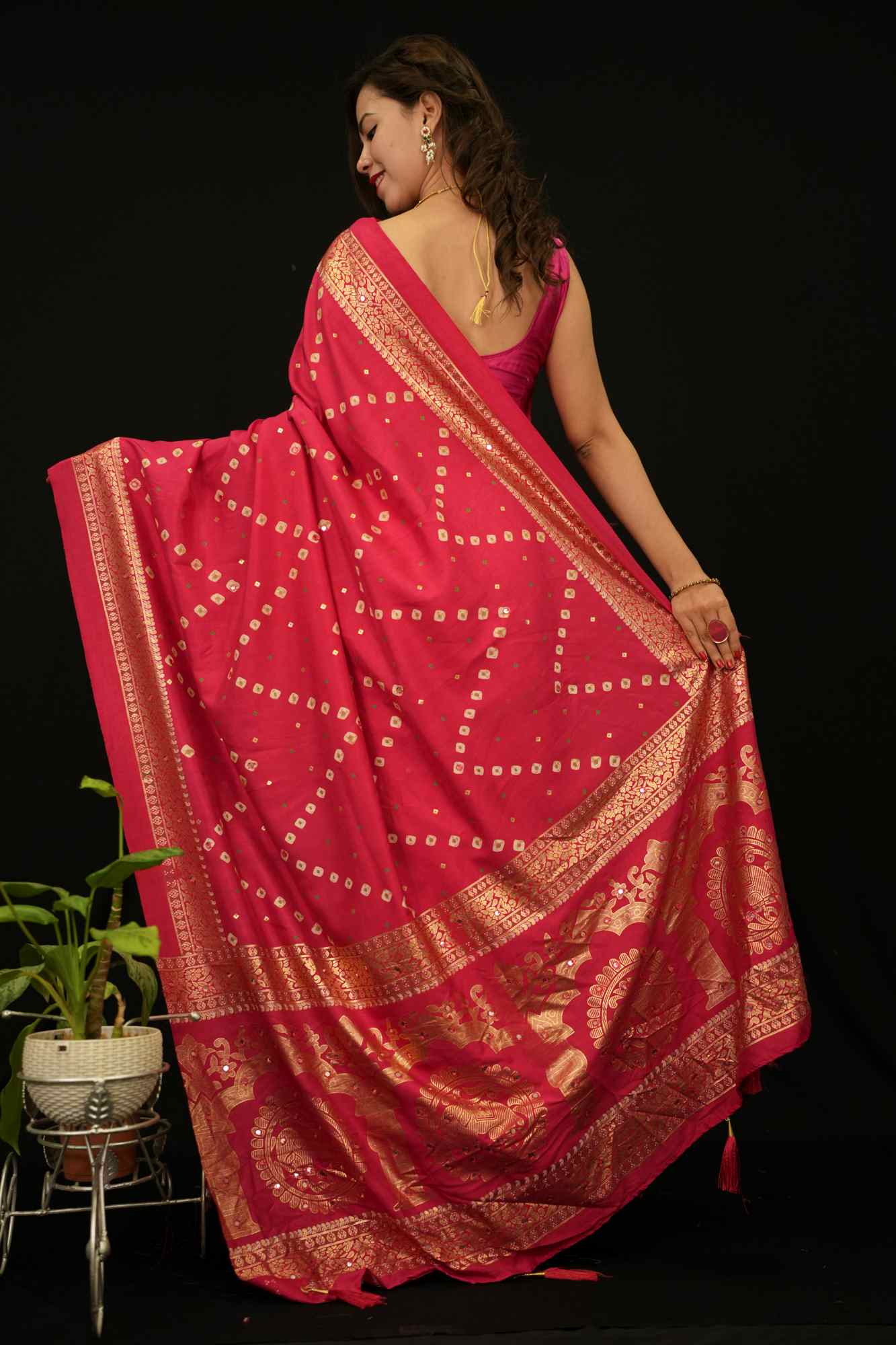 Bandhani With  Printed Border & Mirror Embellished readymade stitched saree with tassels