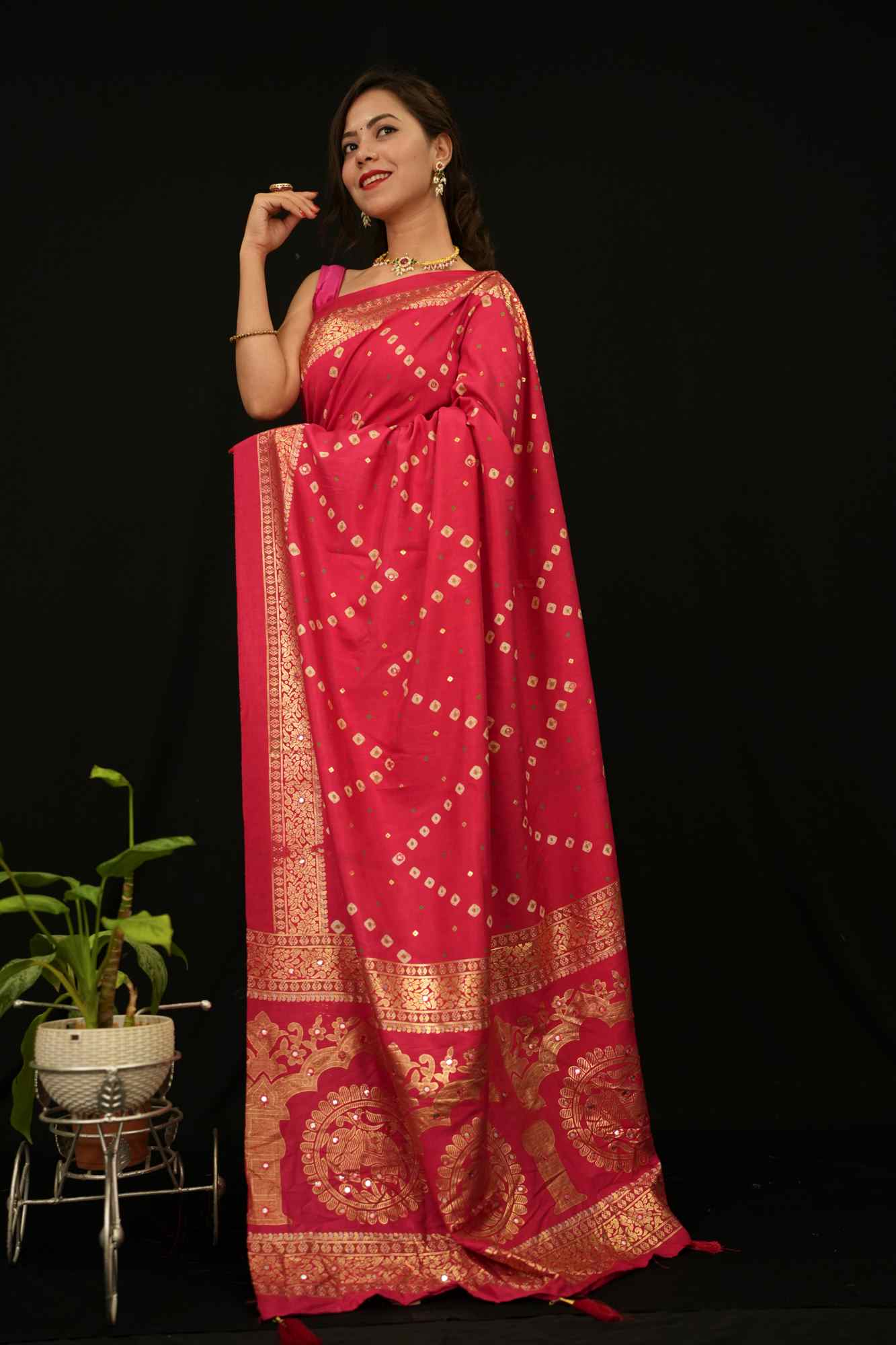 Bandhani With  Printed Border & Mirror Embellished readymade stitched saree with tassels