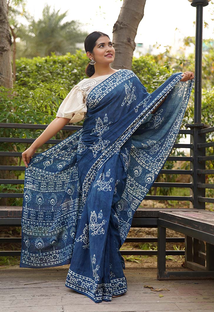 Ready to wear saree Indigo Handblock Print mulmul one minute saree