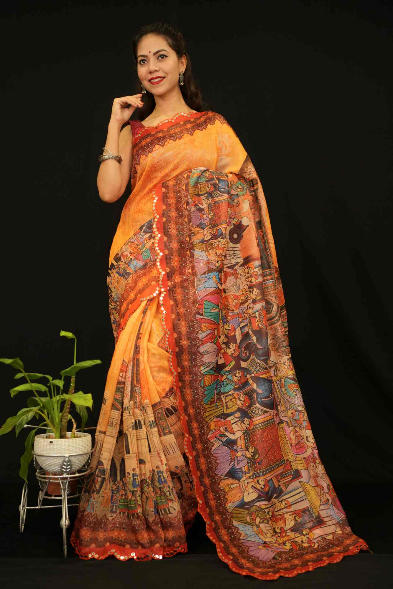 Beautiful Mugal Art Printed on Palla With Mirror Embllished On Scalloped Border Ready To Wear Saree