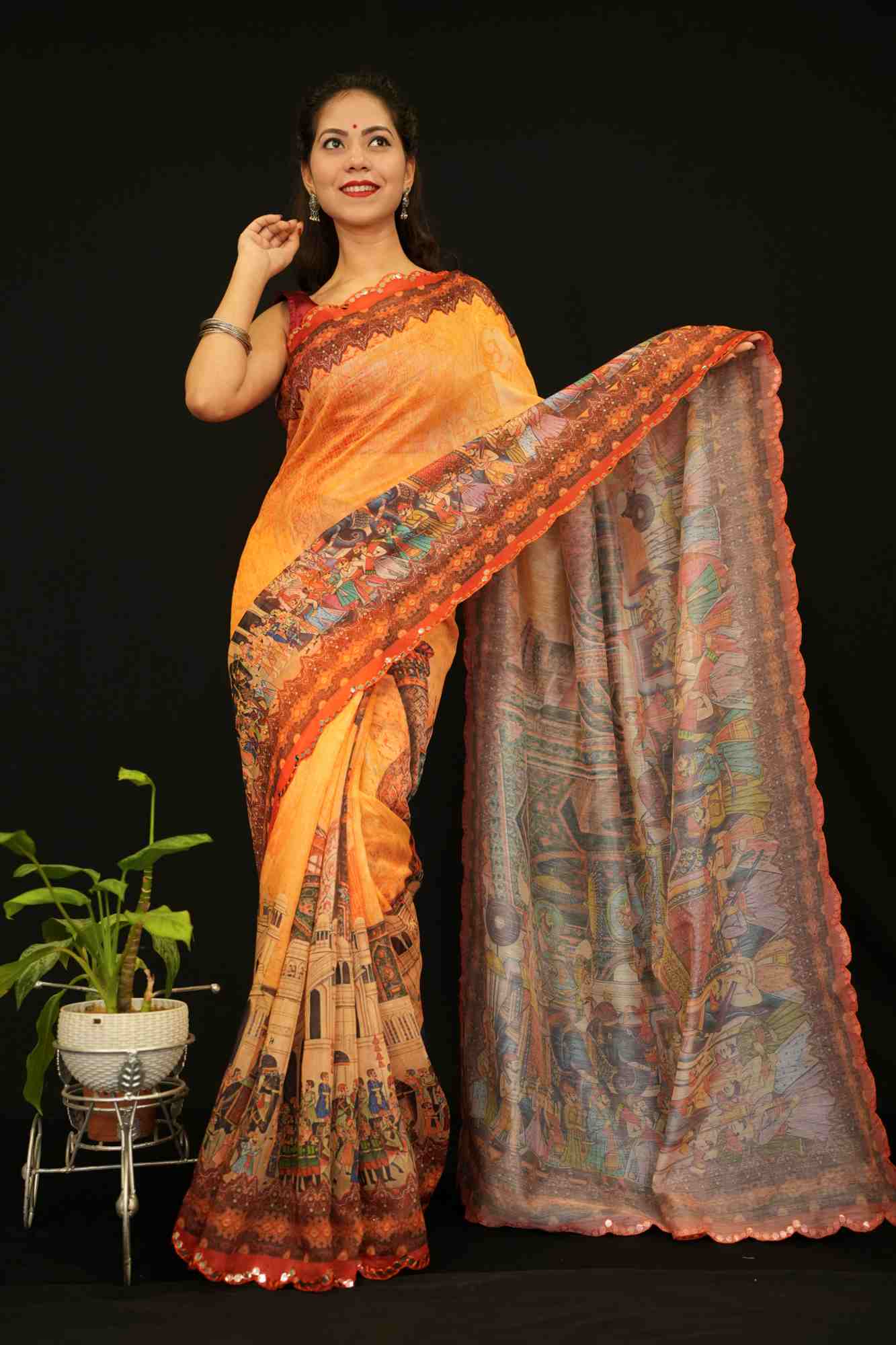 Beautiful Mugal Art Printed on Palla With Mirror Embllished On Scalloped Border Ready To Wear Saree