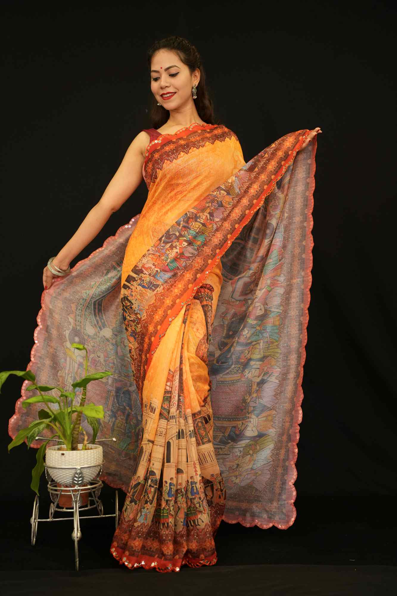 Beautiful Mugal Art Printed on Palla With Mirror Embllished On Scalloped Border Ready To Wear Saree