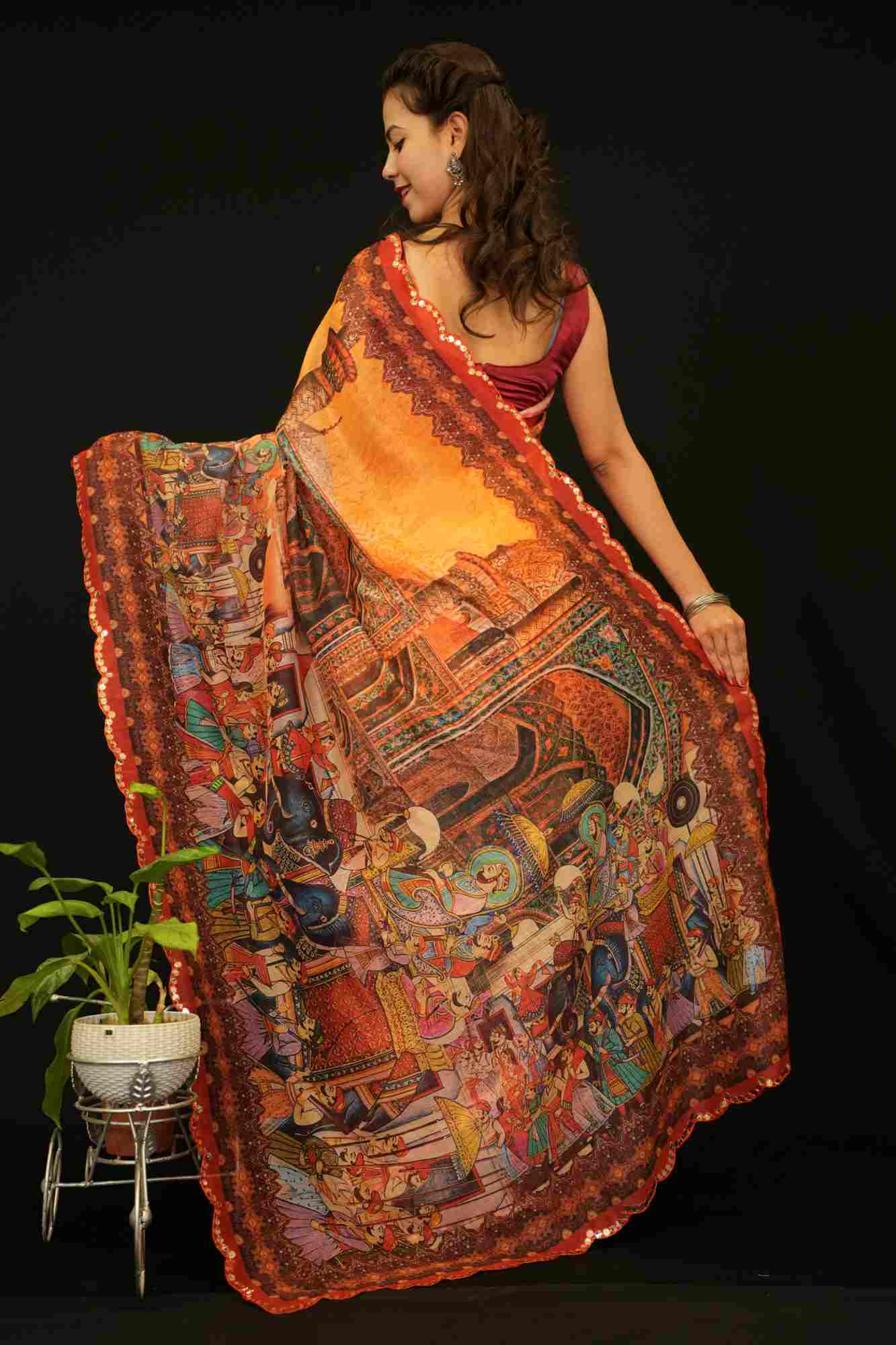 Beautiful Mugal Art Printed on Palla With Mirror Embllished On Scalloped Border Ready To Wear Saree