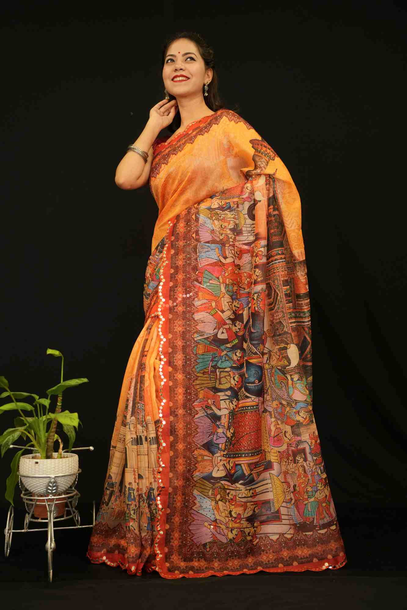 Beautiful Mugal Art Printed on Palla With Mirror Embllished On Scalloped Border Ready To Wear Saree