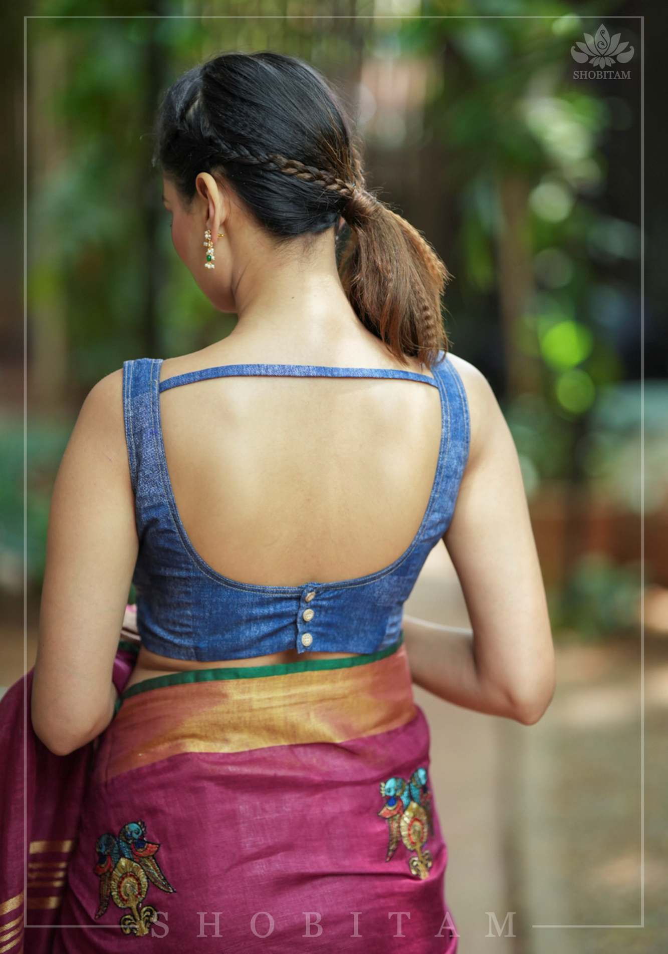 Denim Cotton Sleeveless Blouse for Saree with top stitch and button detailing