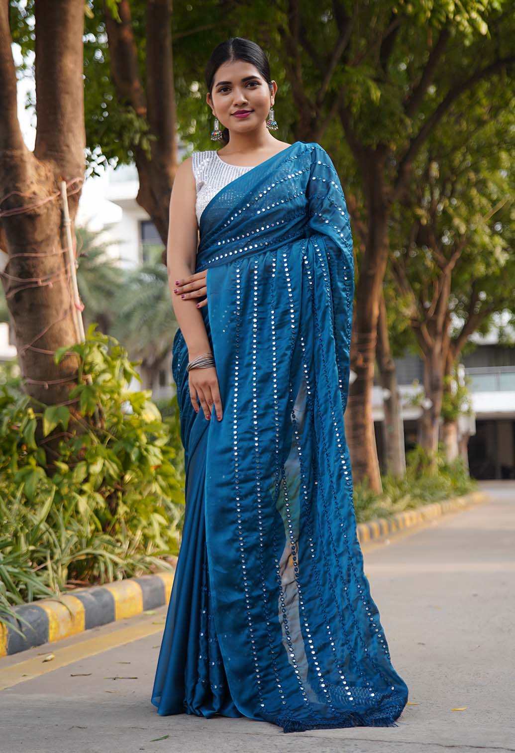 Ready To Wear Teal blue Mirror embellished over all on pallu and at bottom   Work Wrap in 1 minute saree