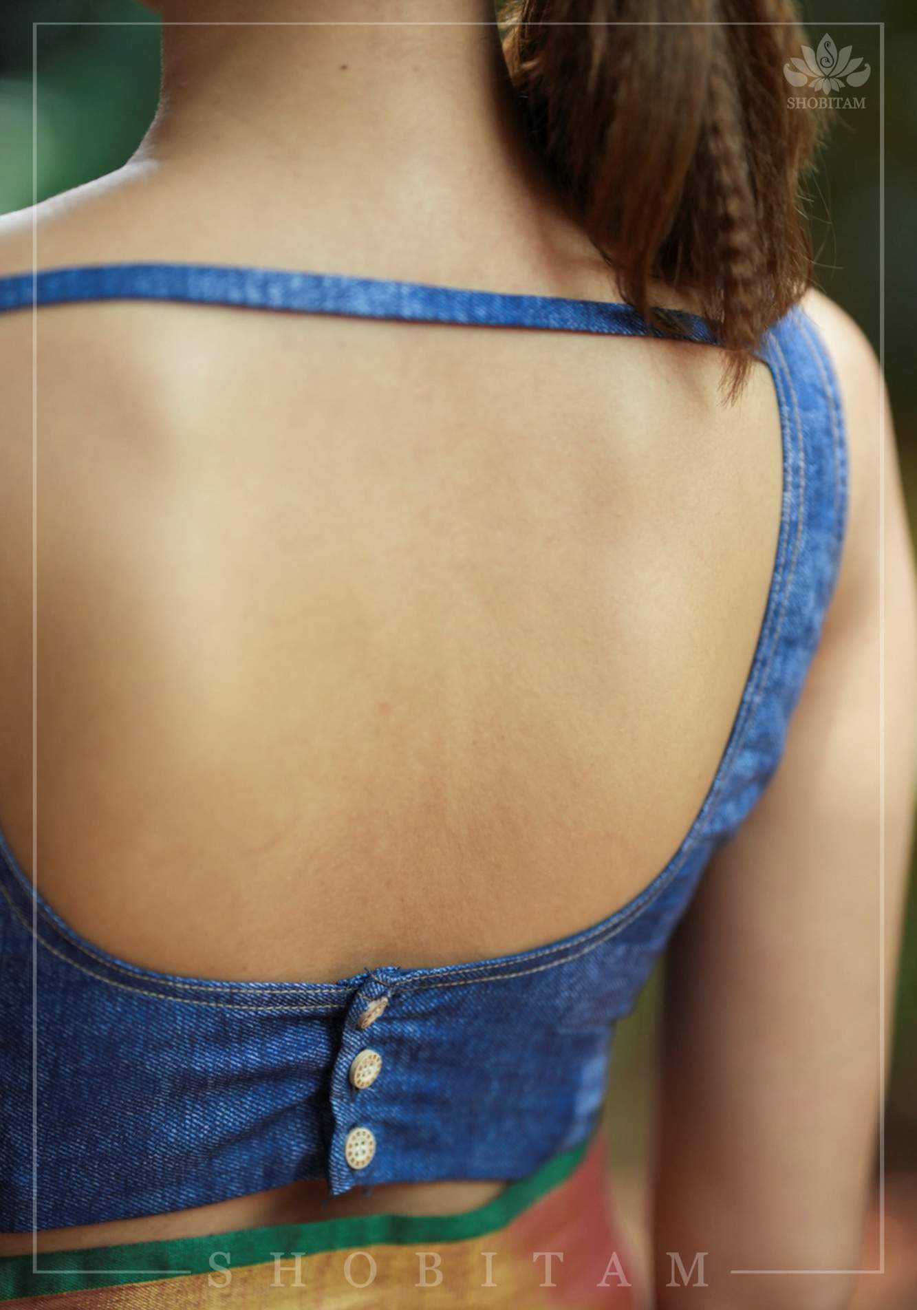 Denim Cotton Sleeveless Blouse for Saree with top stitch and button detailing