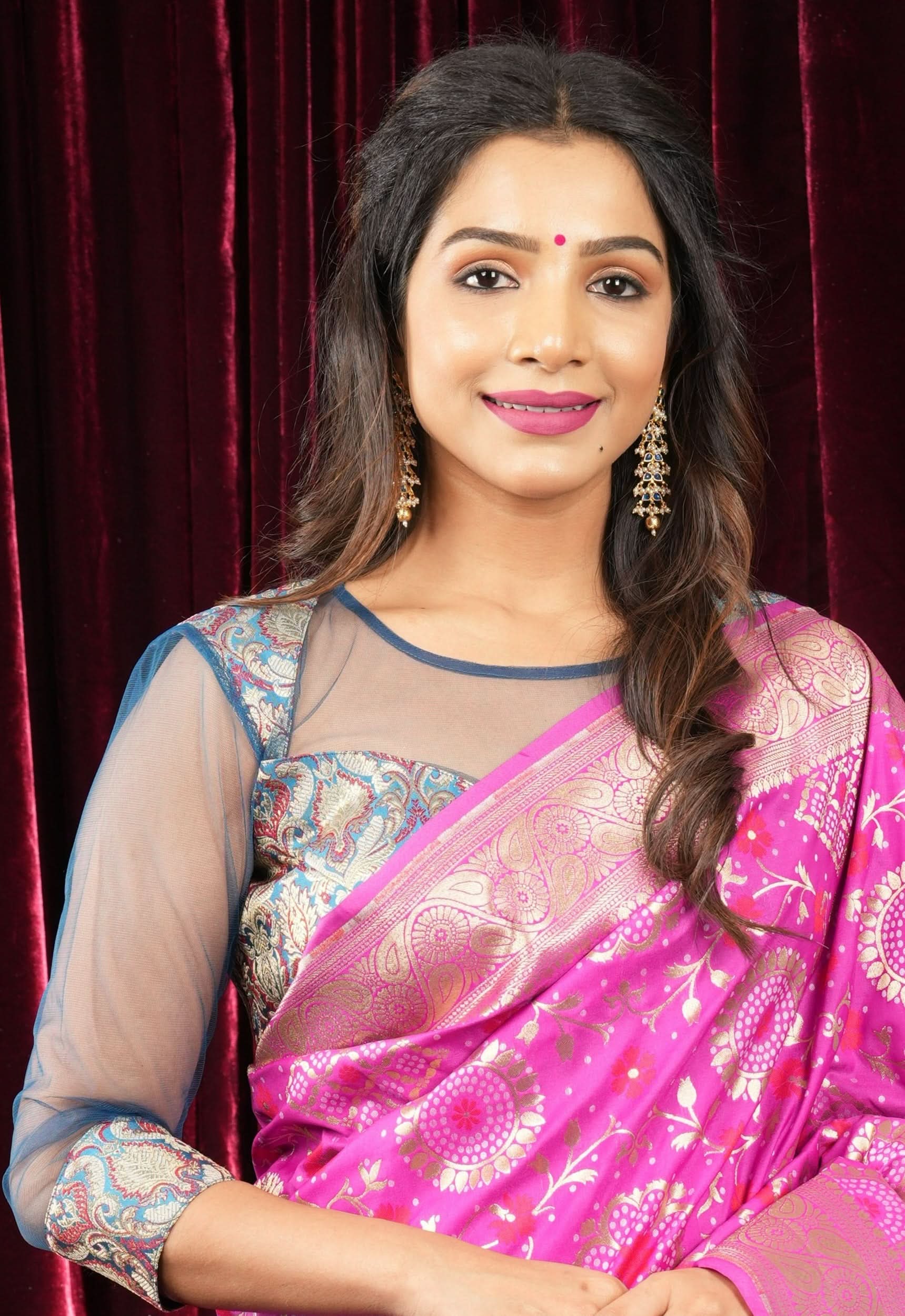 Blue Meenakari Banarasi Brocade Blouse  With Sheer Yoke and Sleeves | Shobitam