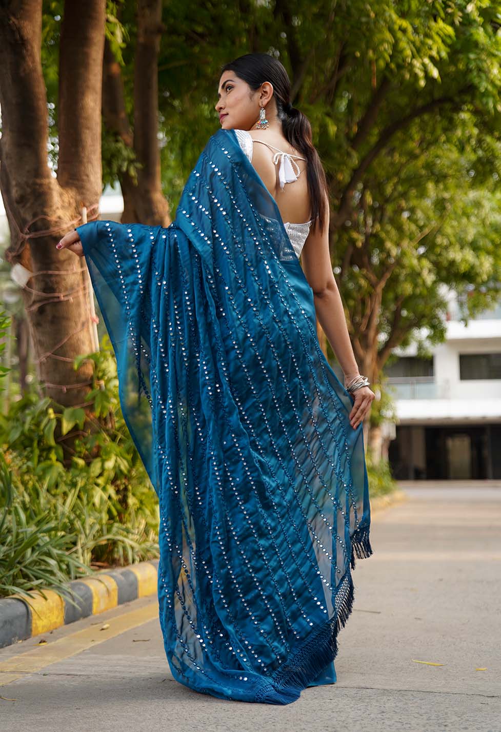 Ready To Wear Teal blue Mirror embellished over all on pallu and at bottom   Work Wrap in 1 minute saree