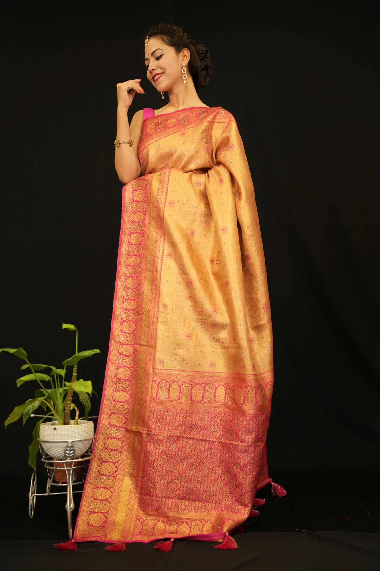 Banarasi Silk With  Pink Zari Motif Design & Overall Butta Work  Ready To Wear Saree