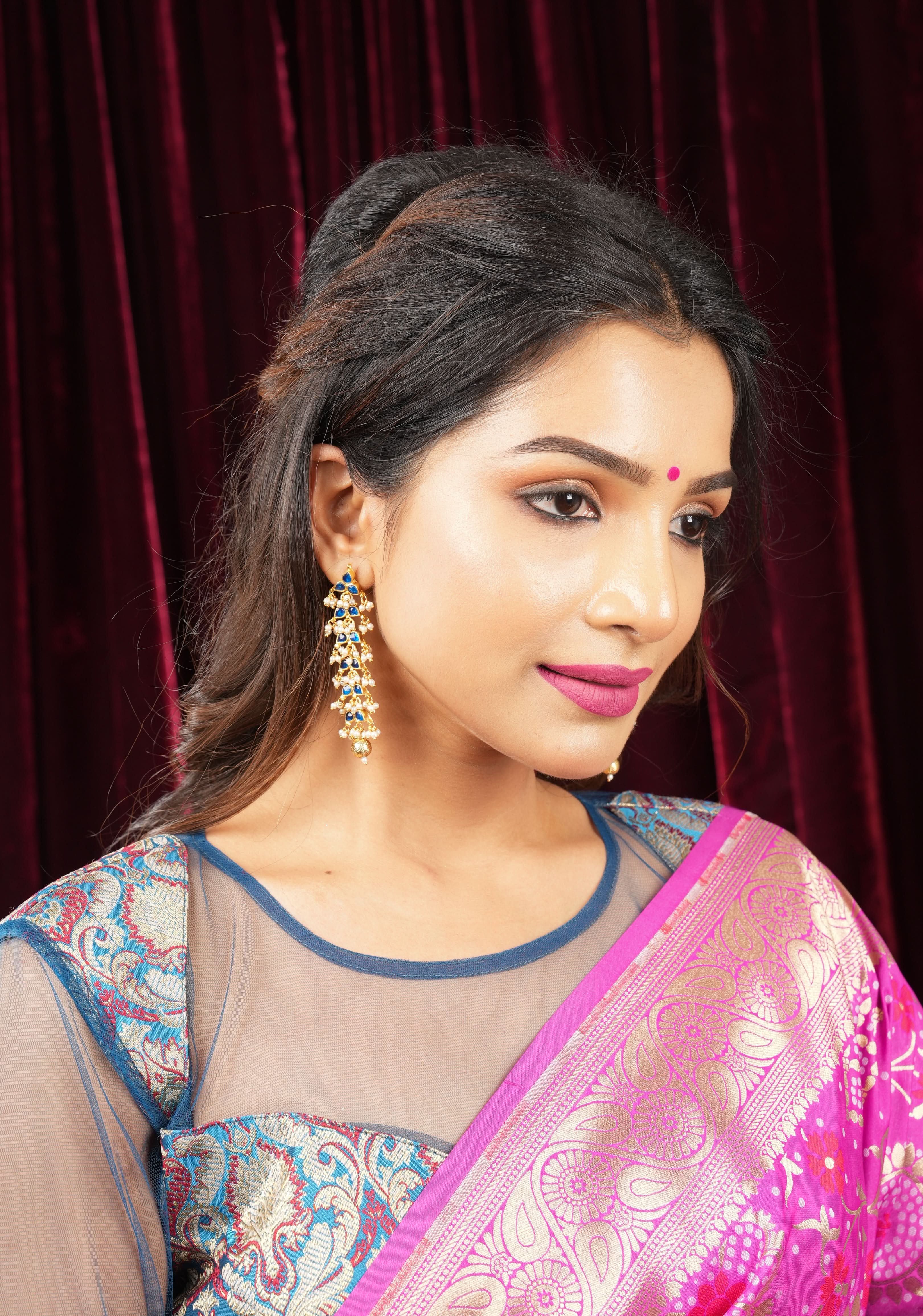 3 Inch Jadau Earrings in Tiered Leaf design with Blue Stones and dainty Pearls beads | SHOBITAM