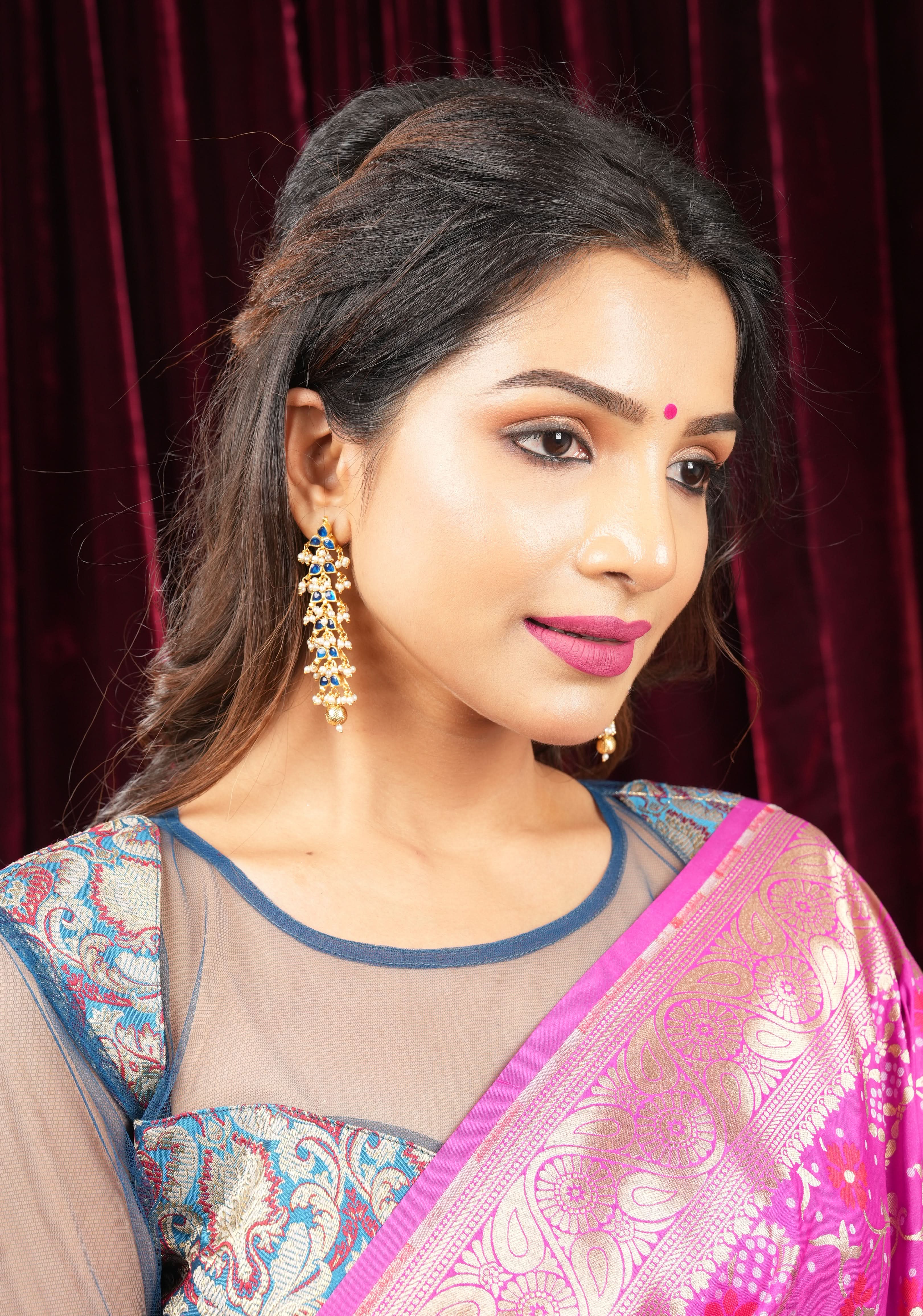Blue Meenakari Banarasi Brocade Blouse  With Sheer Yoke and Sleeves | Shobitam
