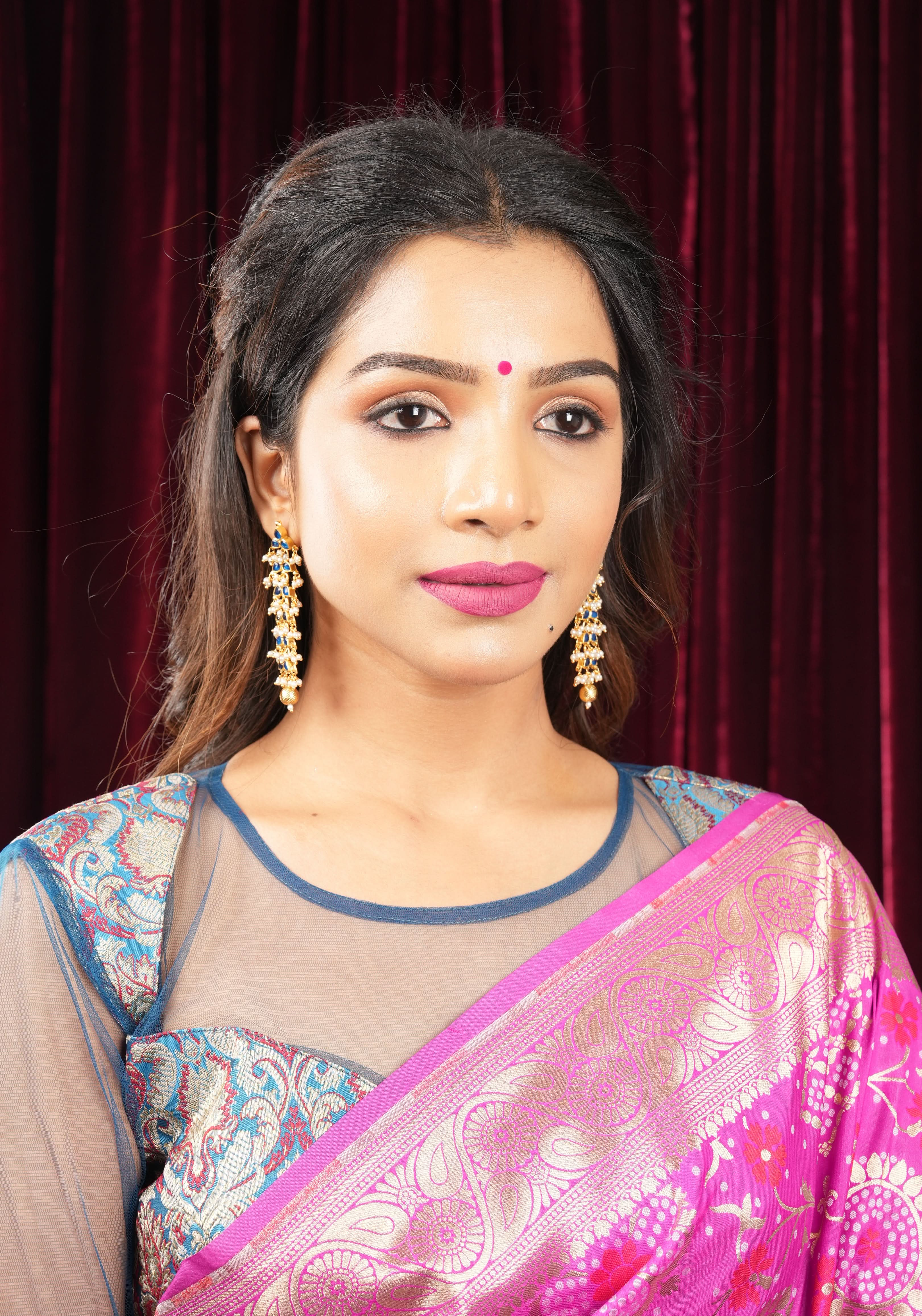 3 Inch Jadau Earrings in Tiered Leaf design with Blue Stones and dainty Pearls beads | SHOBITAM