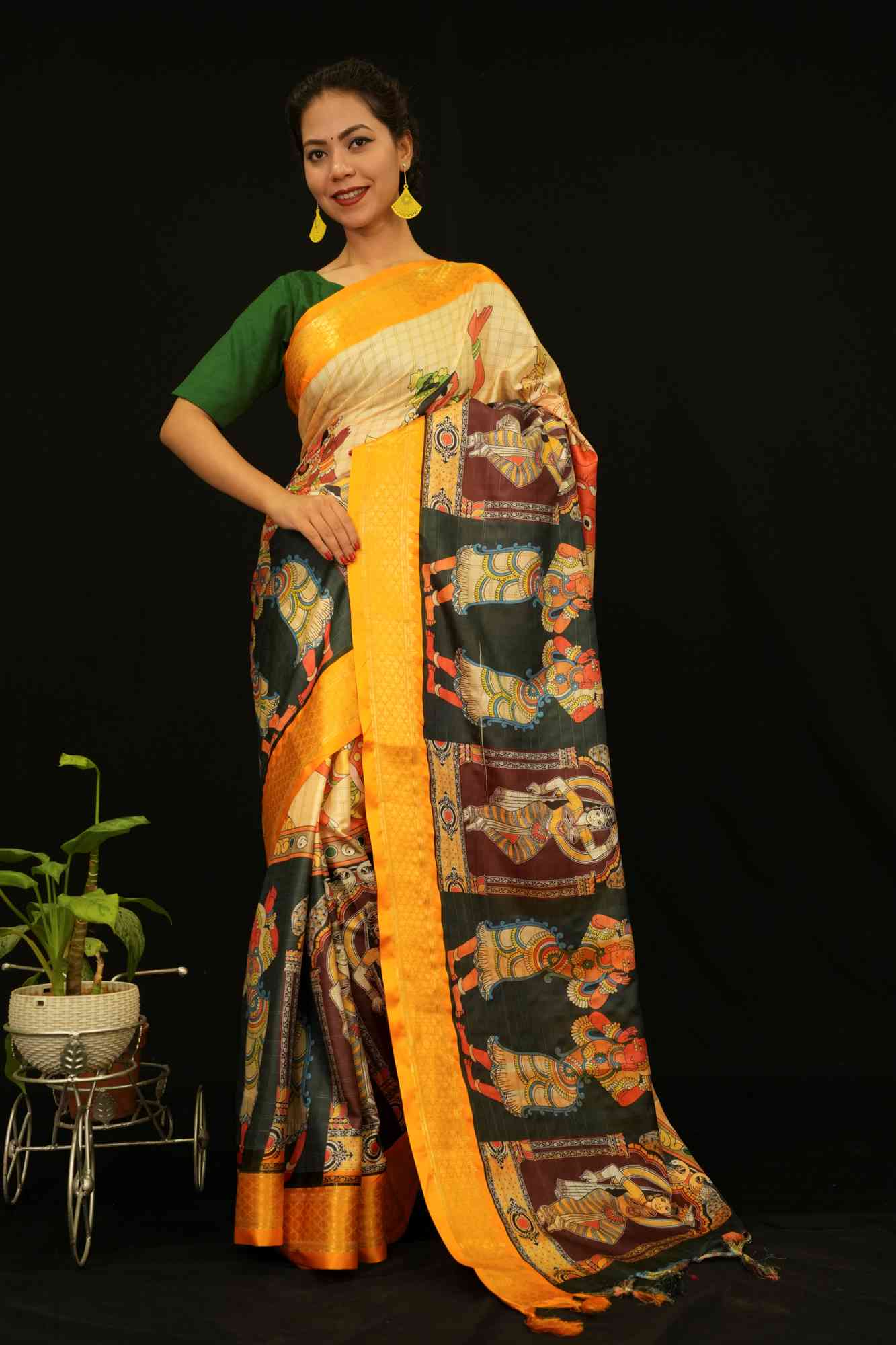 Beautiful Cotton Linen WIth Checks Overall & Pichwai Pattachitra Palla Ready To Wear Saree