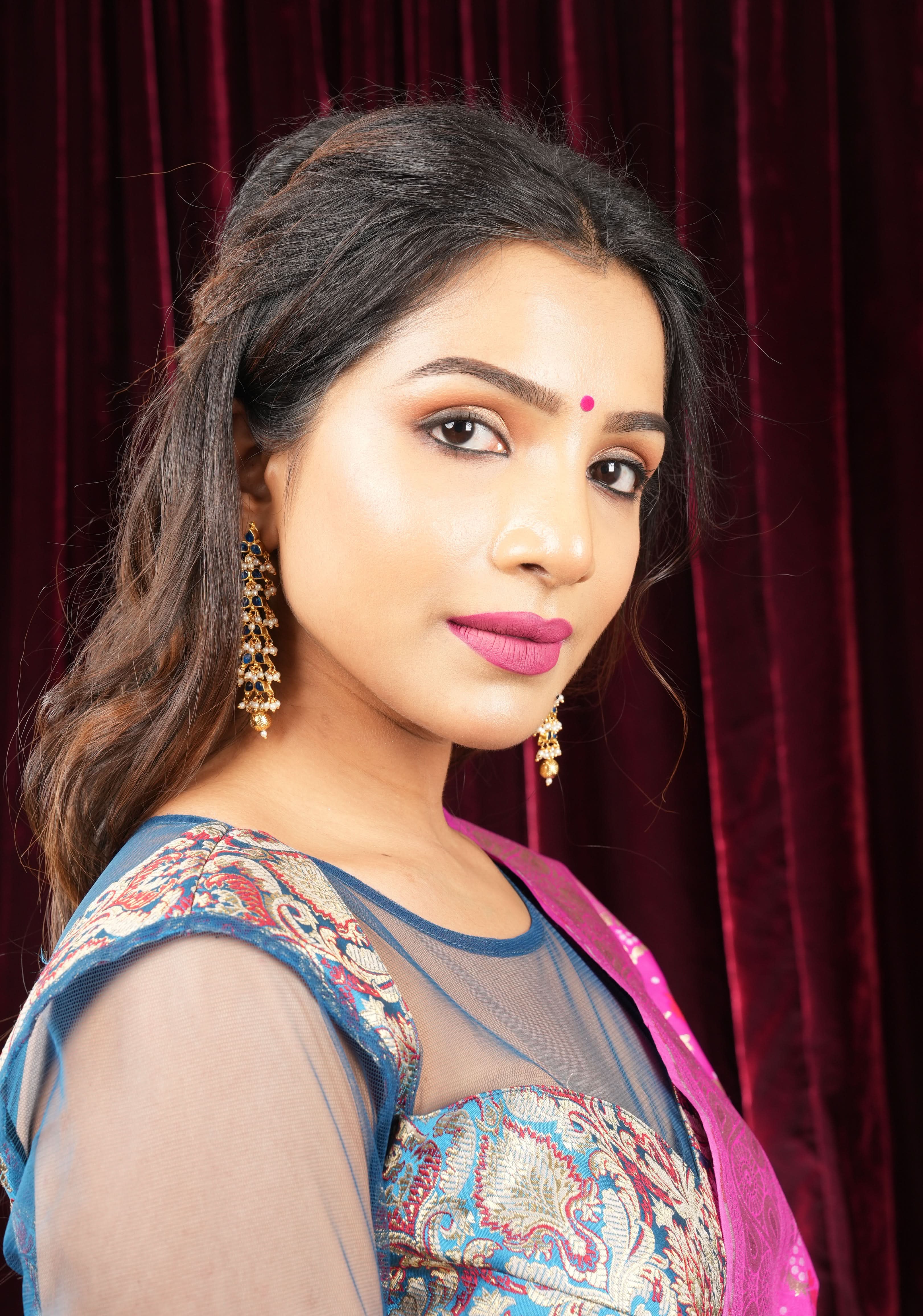 3 Inch Jadau Earrings in Tiered Leaf design with Blue Stones and dainty Pearls beads | SHOBITAM