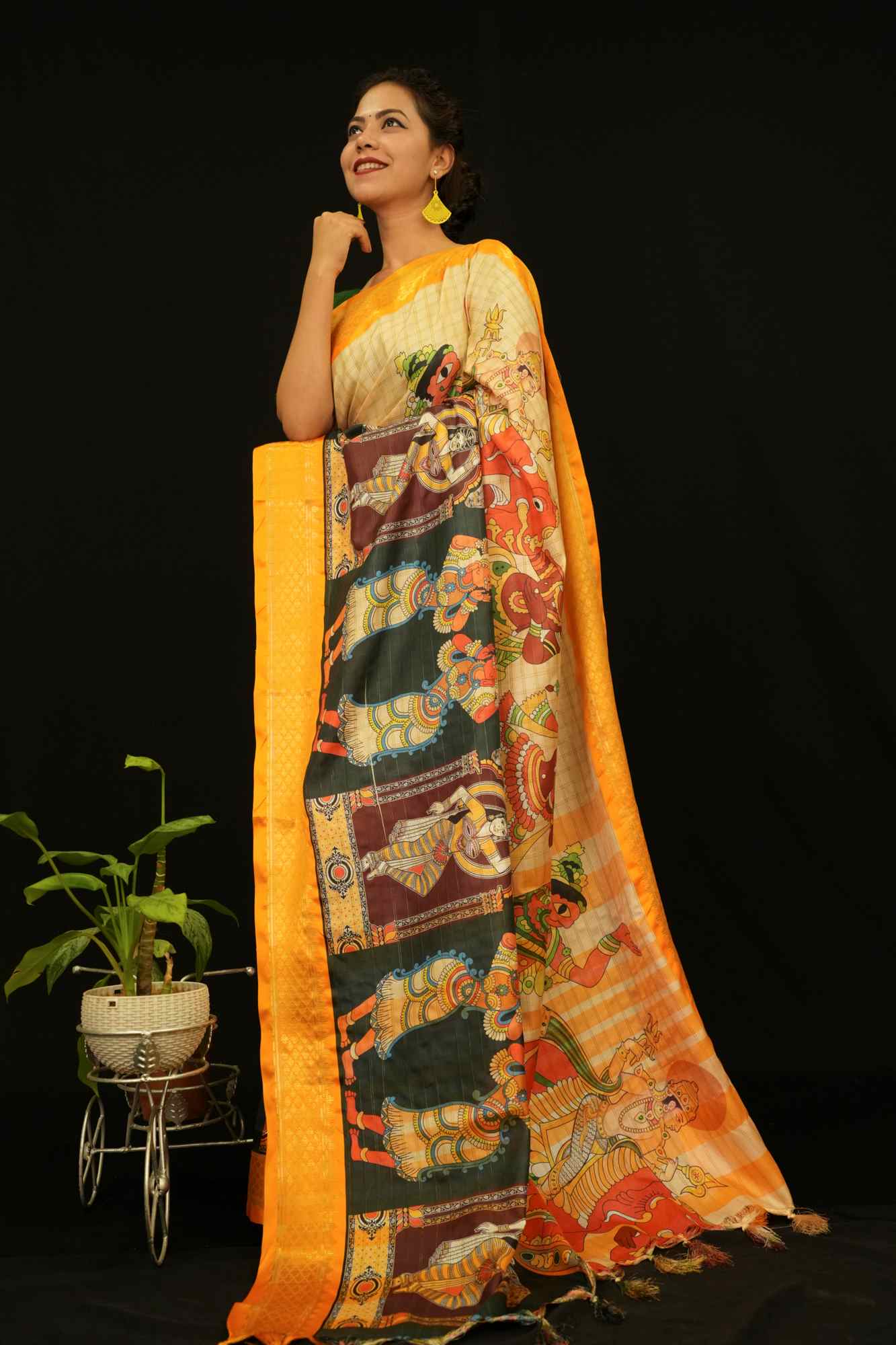 Beautiful Cotton Linen WIth Checks Overall & Pichwai Pattachitra Palla Ready To Wear Saree